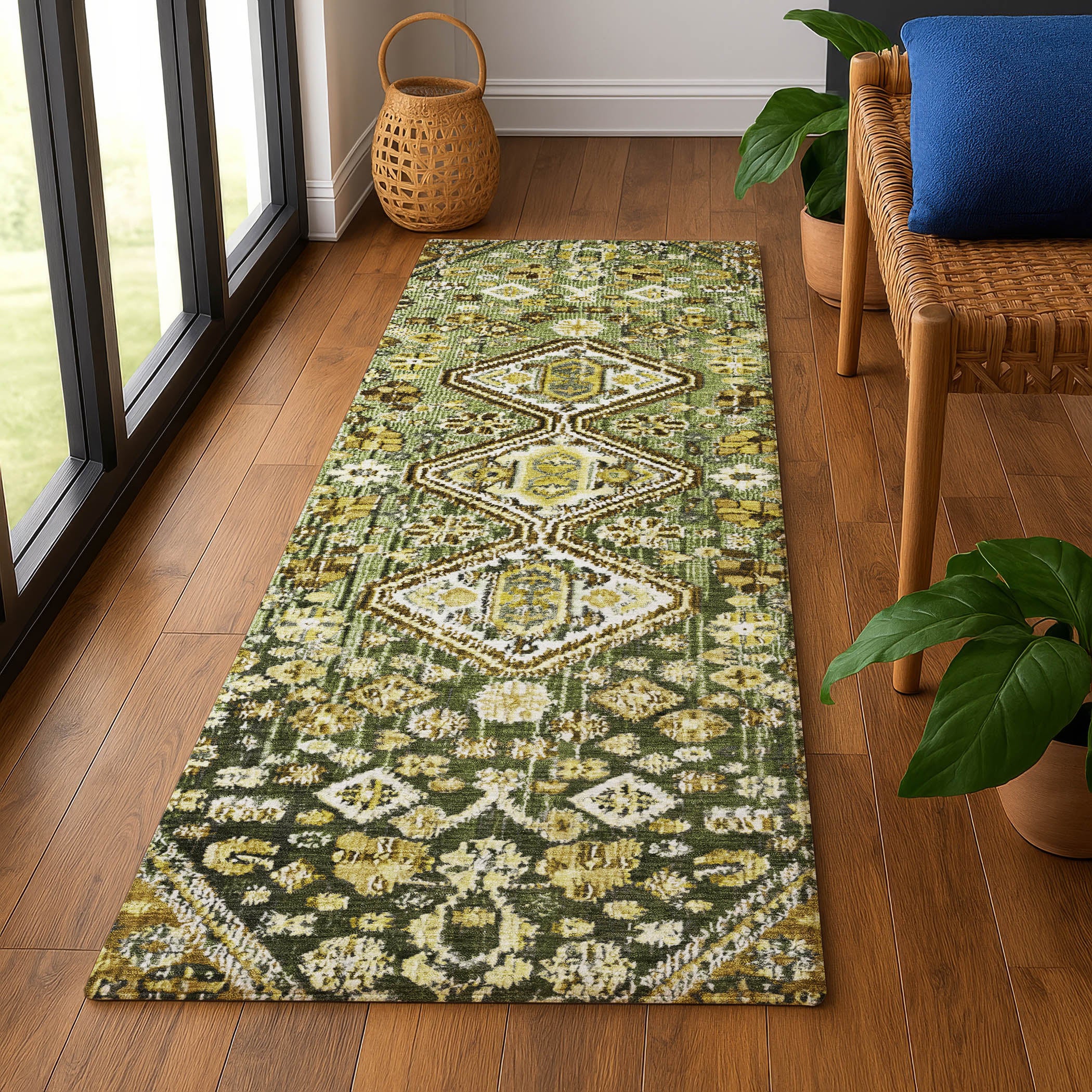 Chiang Mai Machine Washable Transitional Olive Green Rug 2'3" x 7'6" #shape_Runner