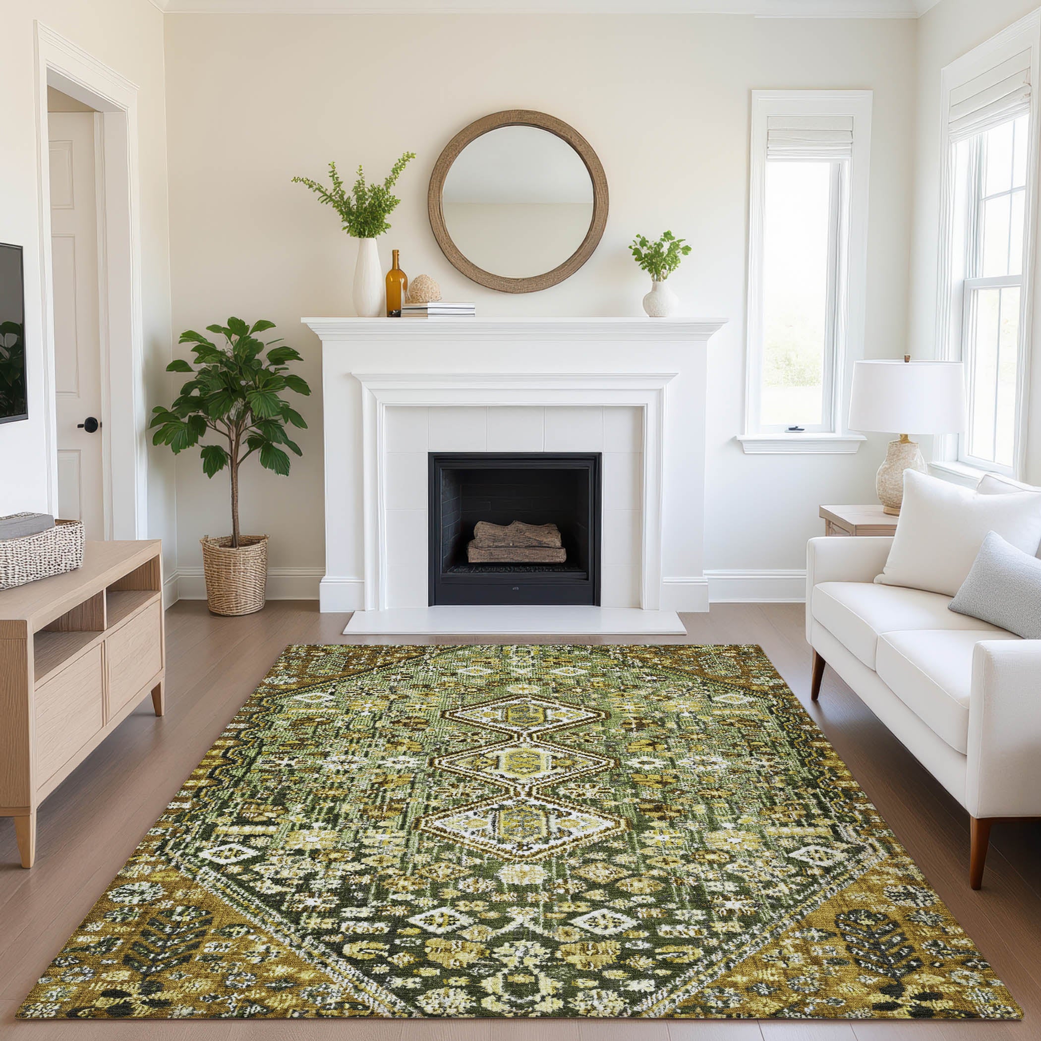 Chiang Mai Machine Washable Transitional Olive Green Rug 2'6" x 3'10" #shape_Rectangle