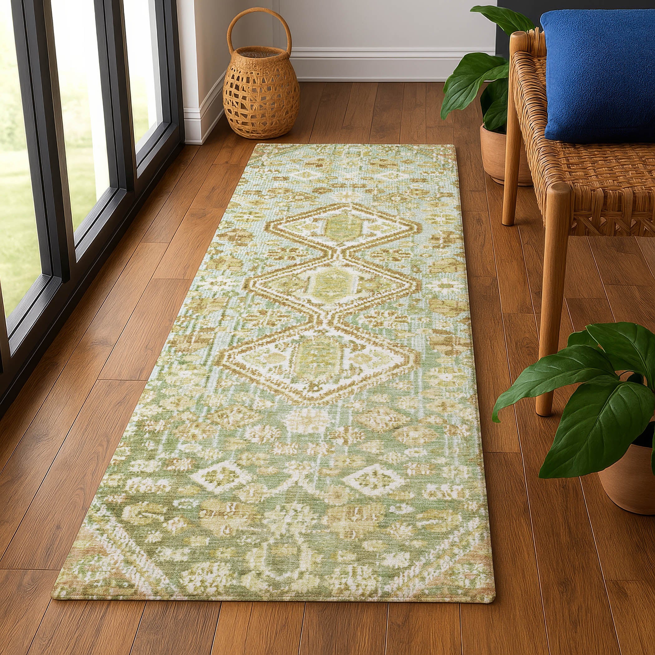 Chiang Mai Machine Washable Transitional Sage Green Rug 2'3" x 7'6" #shape_Runner
