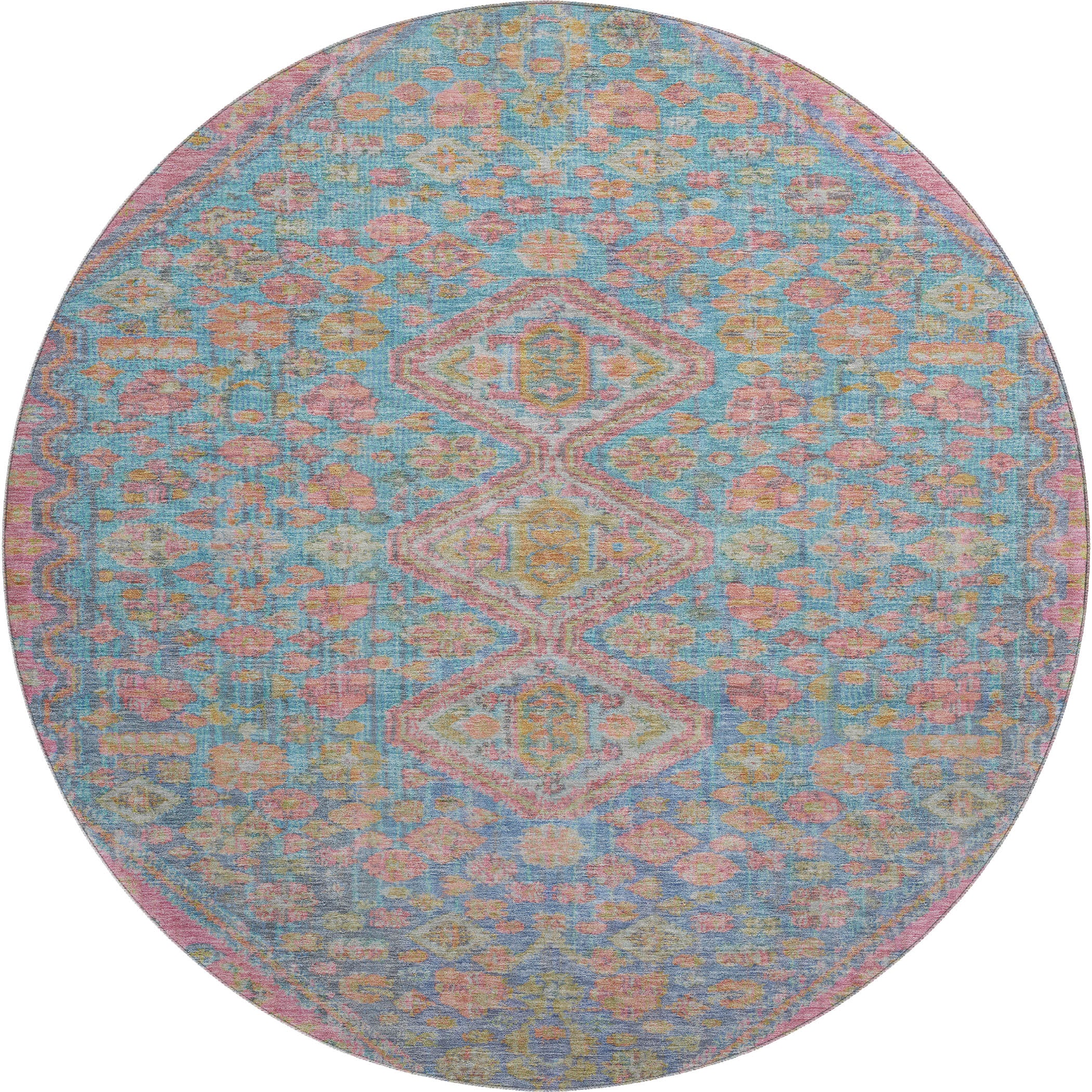 Chiang Mai Machine Washable Transitional Sky Blue Rug 8' x 8' #shape_Round