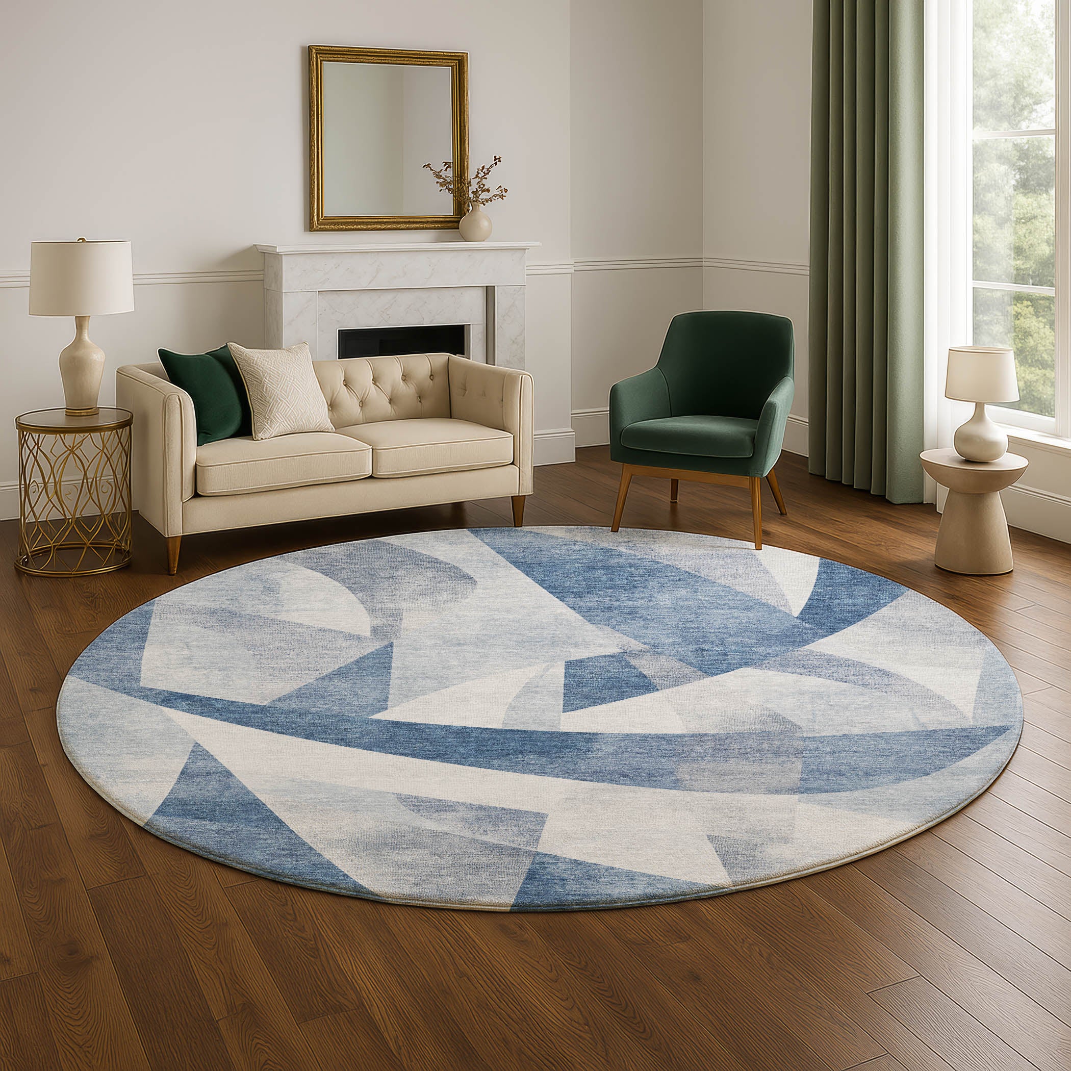 Chiang Mai Machine Washable Transitional Denim Blue Rug 8' x 8' #shape_Round