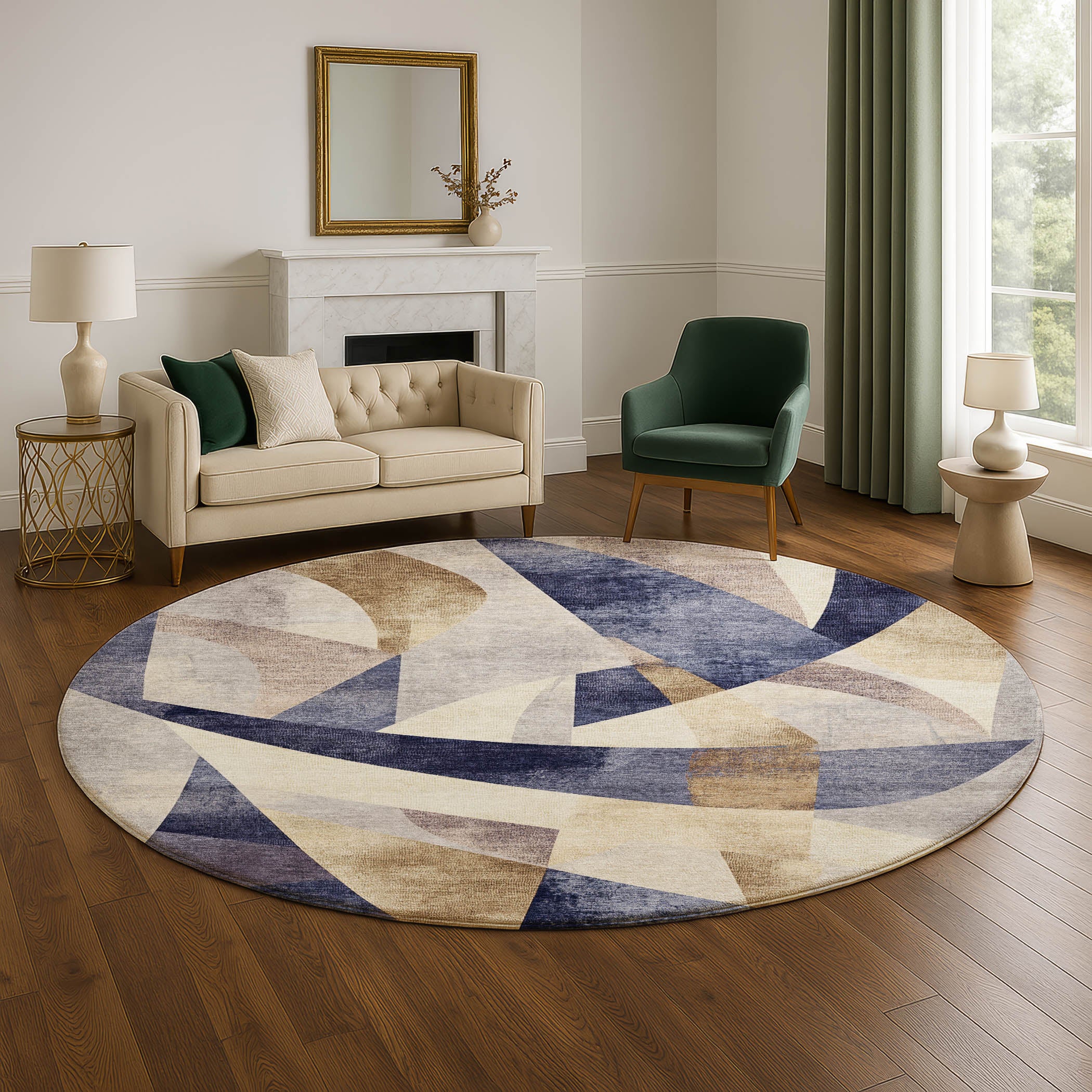 Chiang Mai Machine Washable Transitional Navy Blue Rug 8' x 8' #shape_Round