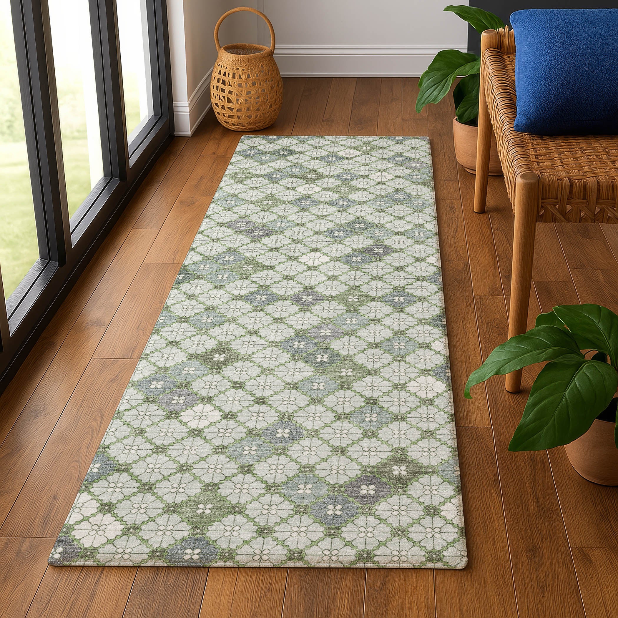 Antigua Machine Washable Transitional Mint Green Rug 2'3" x 7'6" #shape_Runner