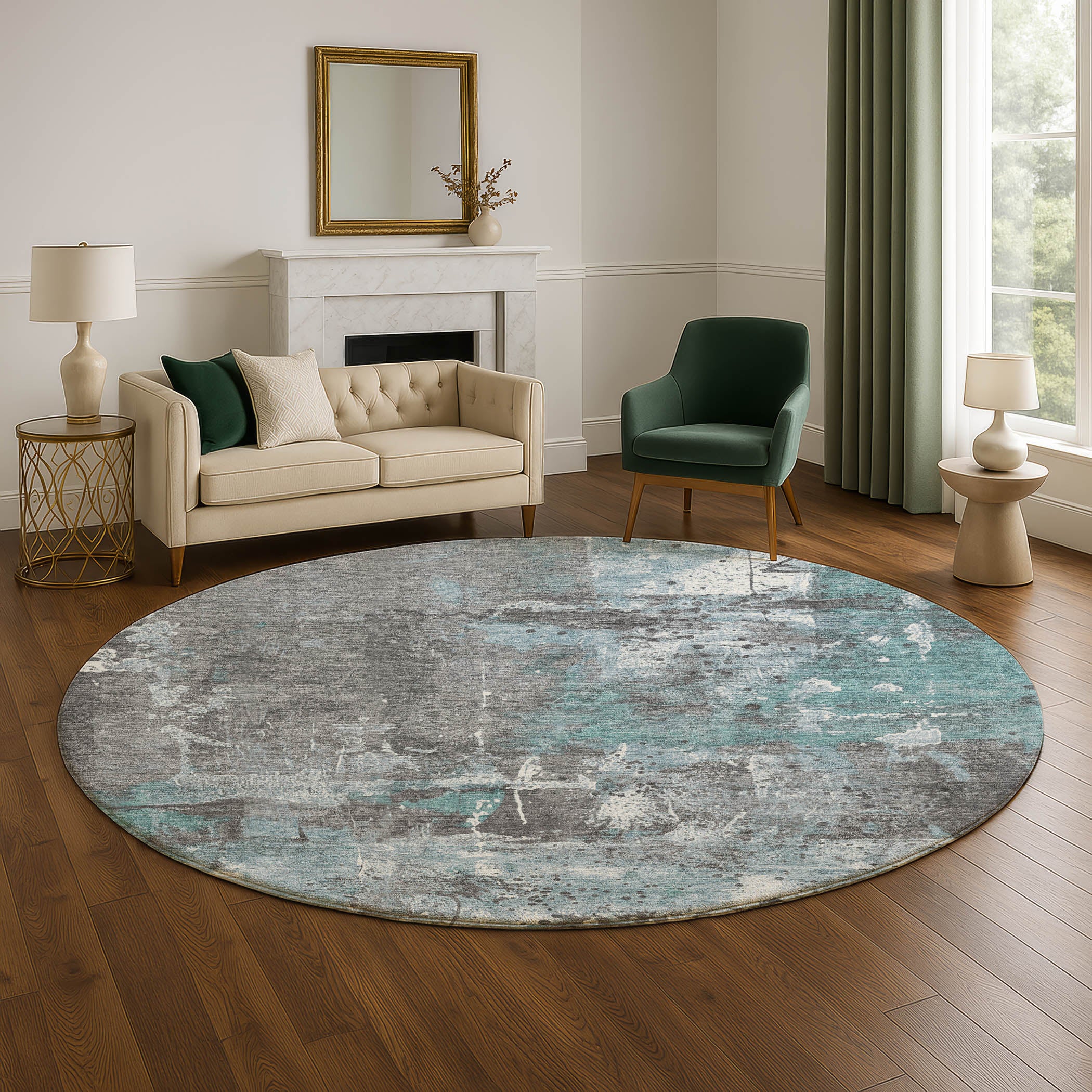 Tbilisi Machine Washable Transitional Teal Rug 8' x 8' #shape_Round
