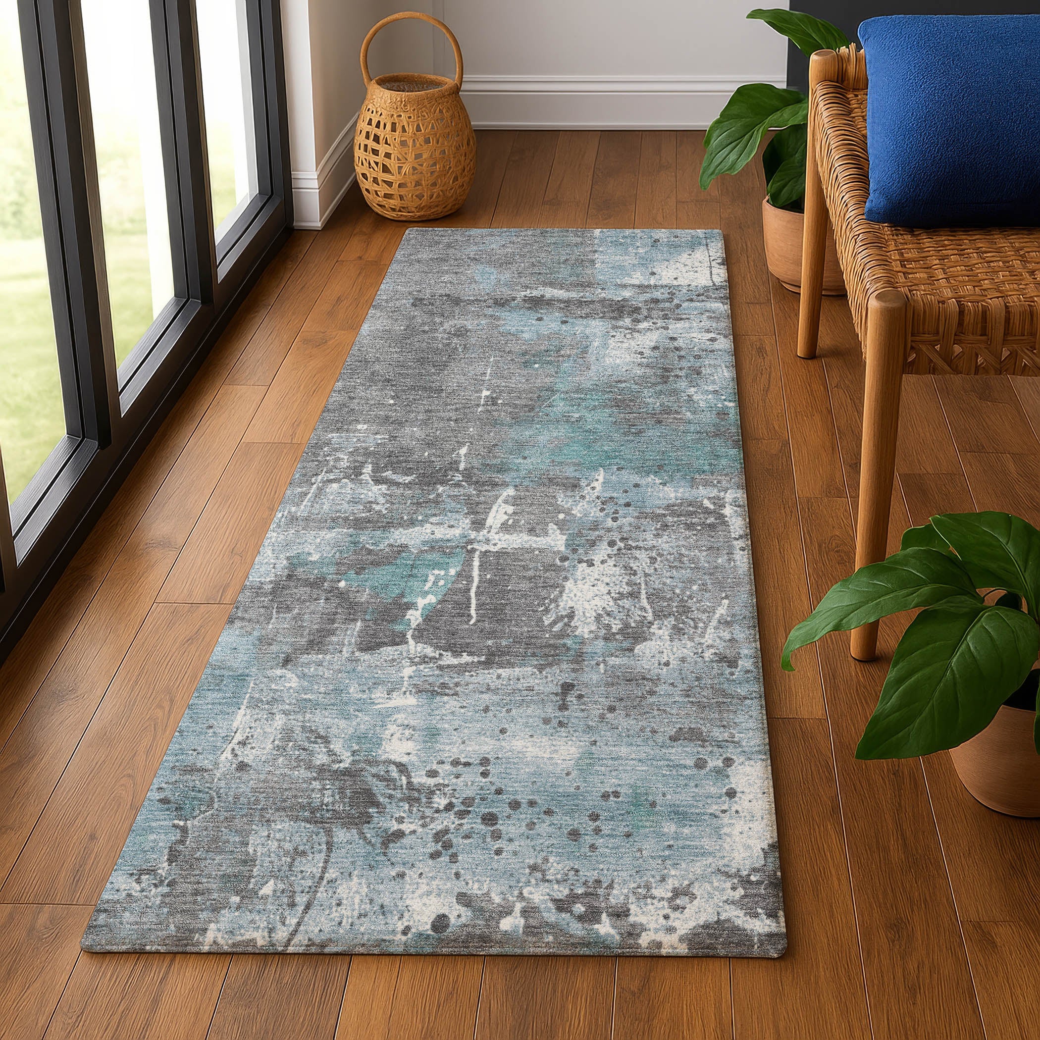 Tbilisi Machine Washable Transitional Teal Rug 2'3" x 7'6" #shape_Runner