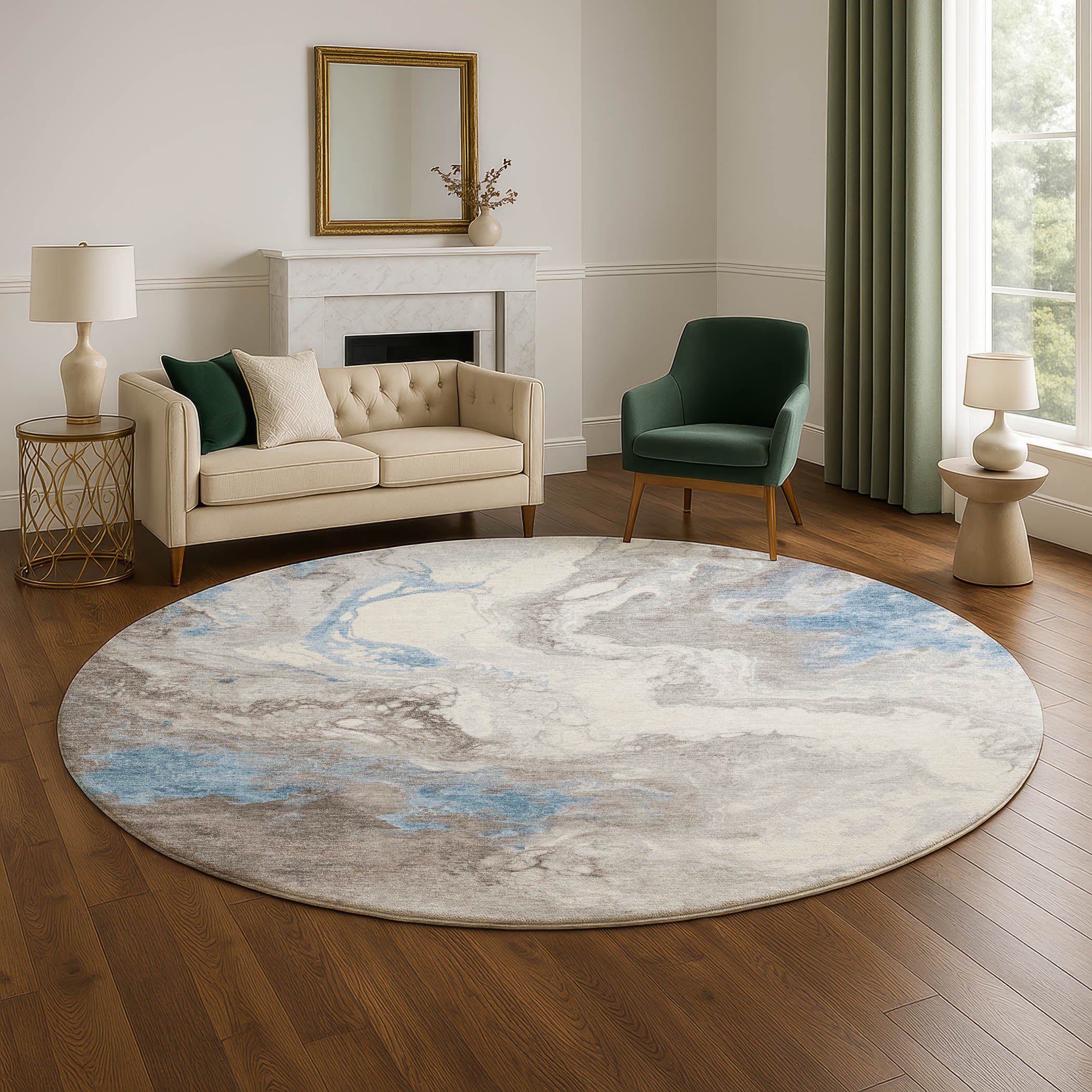 Mdina Machine Washable Transitional Taupe Brown Rug 8' x 8' #shape_Round