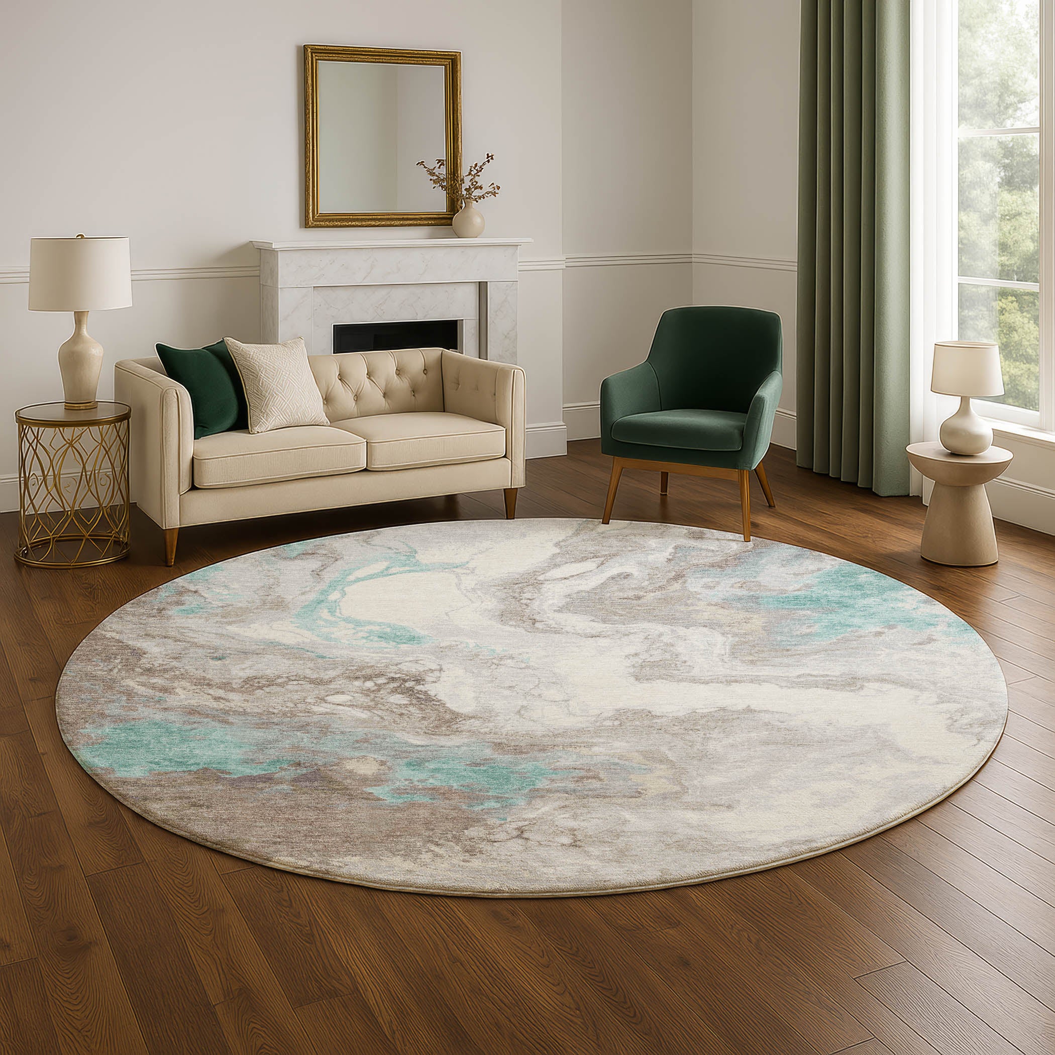 Mdina Machine Washable Transitional Teal Rug 8' x 8' #shape_Round
