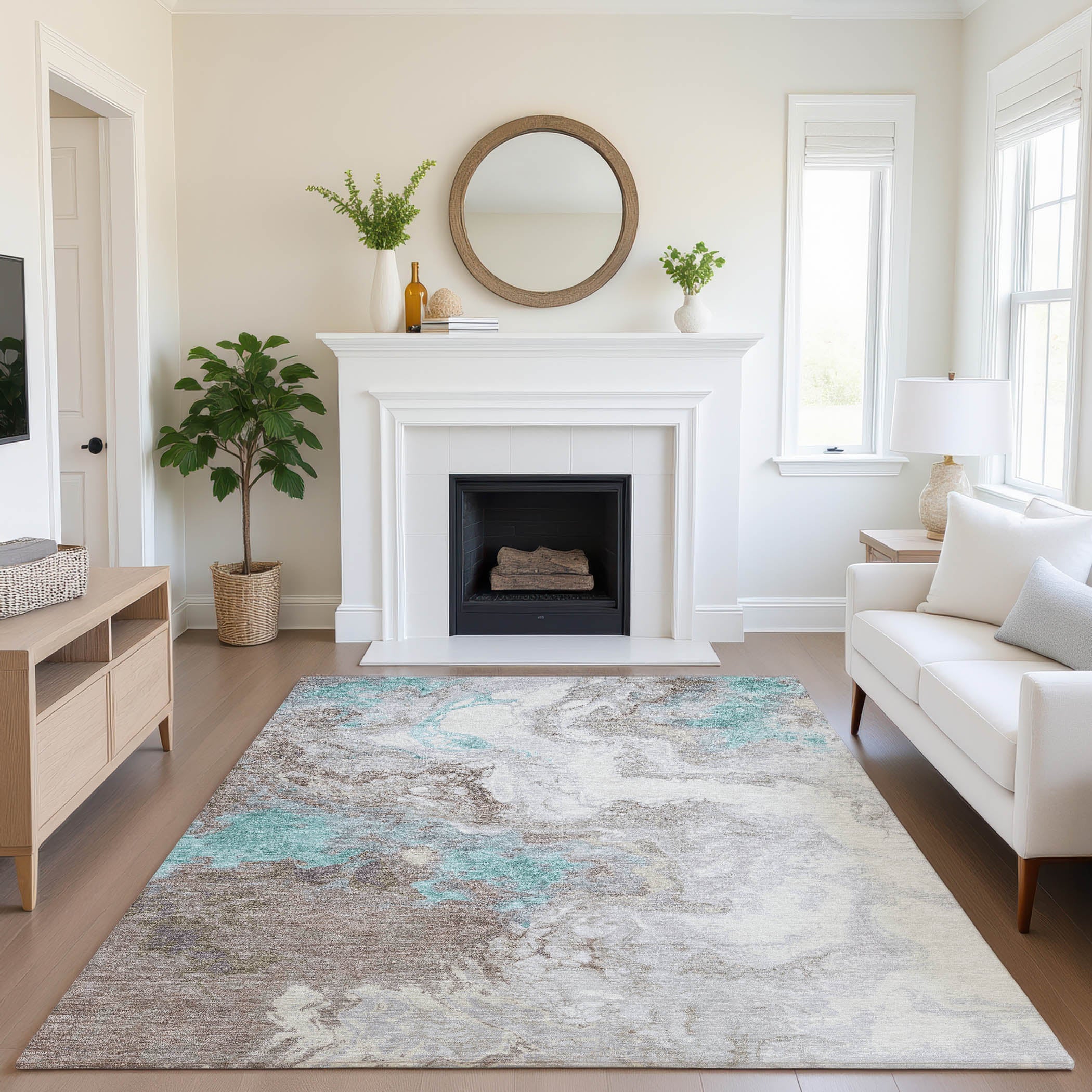 Mdina Machine Washable Transitional Teal Rug 2'6" x 3'10" #shape_Rectangle