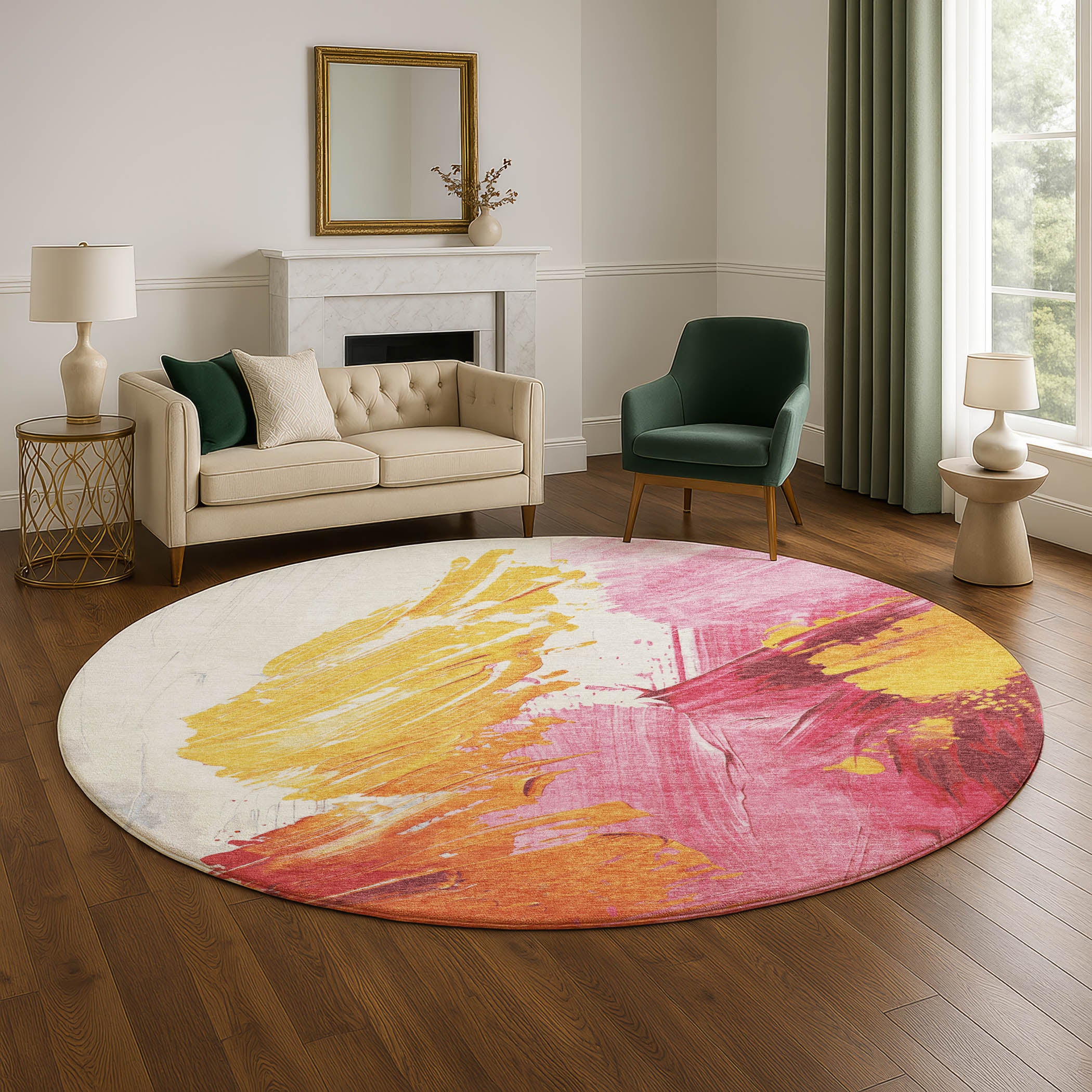 Queenstown Machine Washable Transitional Blush Pink Rug 8' x 8' #shape_Round