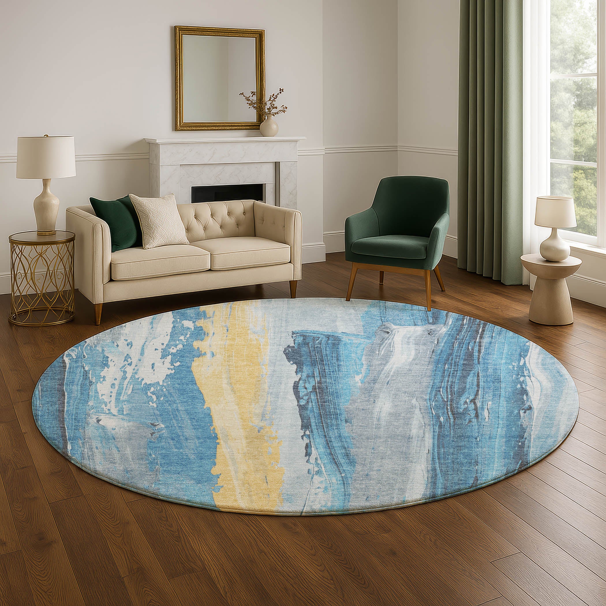 Chiang Mai Machine Washable Transitional Blue Rug 8' x 8' #shape_Round