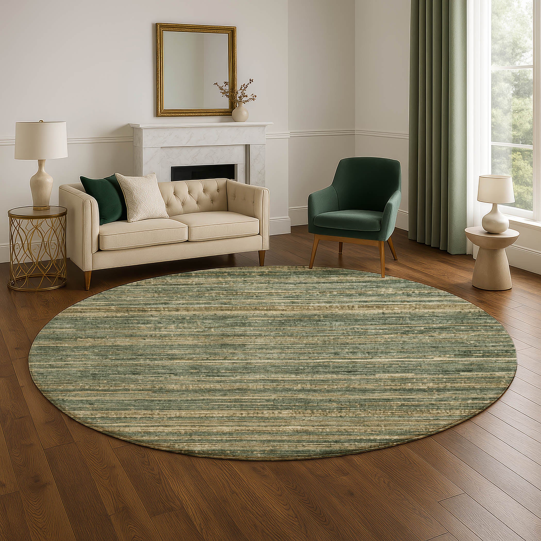 Kathmandu Machine Washable Transitional Fern Green Rug 8' x 8' #shape_Round