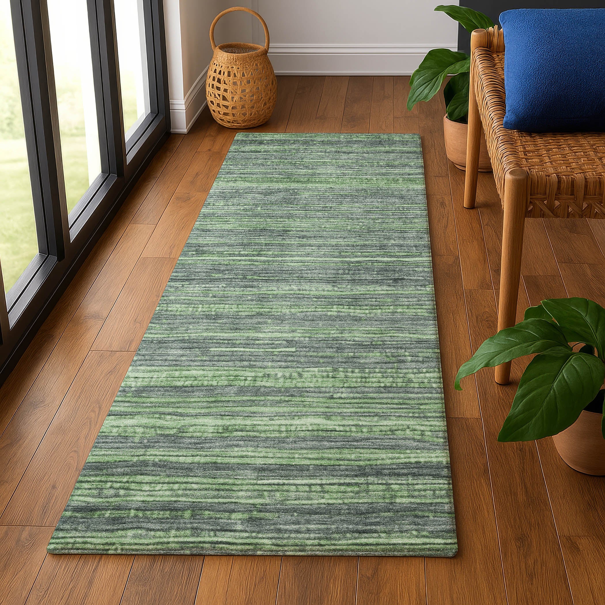 Kathmandu Machine Washable Transitional Green Rug 2'3" x 7'6" #shape_Runner