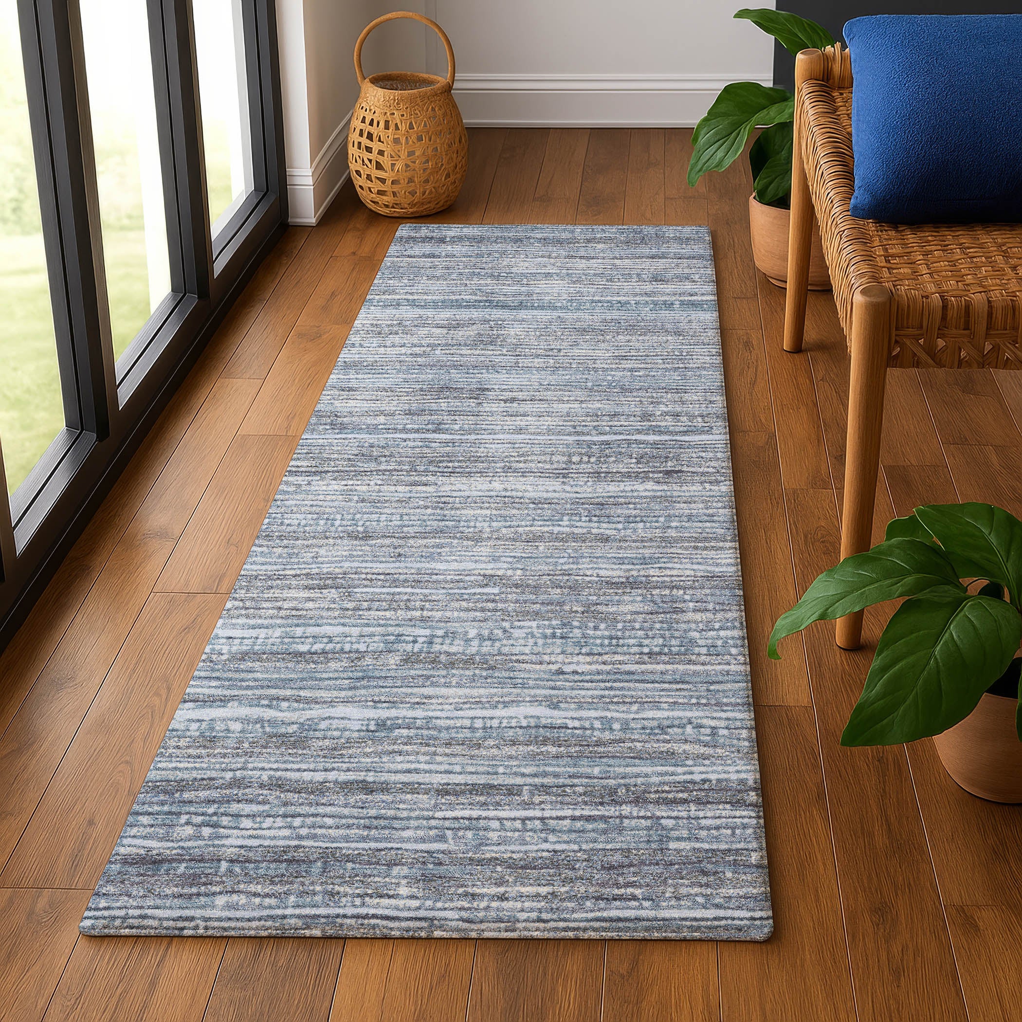 Kathmandu Machine Washable Transitional Sky Blue Rug 2'3" x 7'6" #shape_Runner