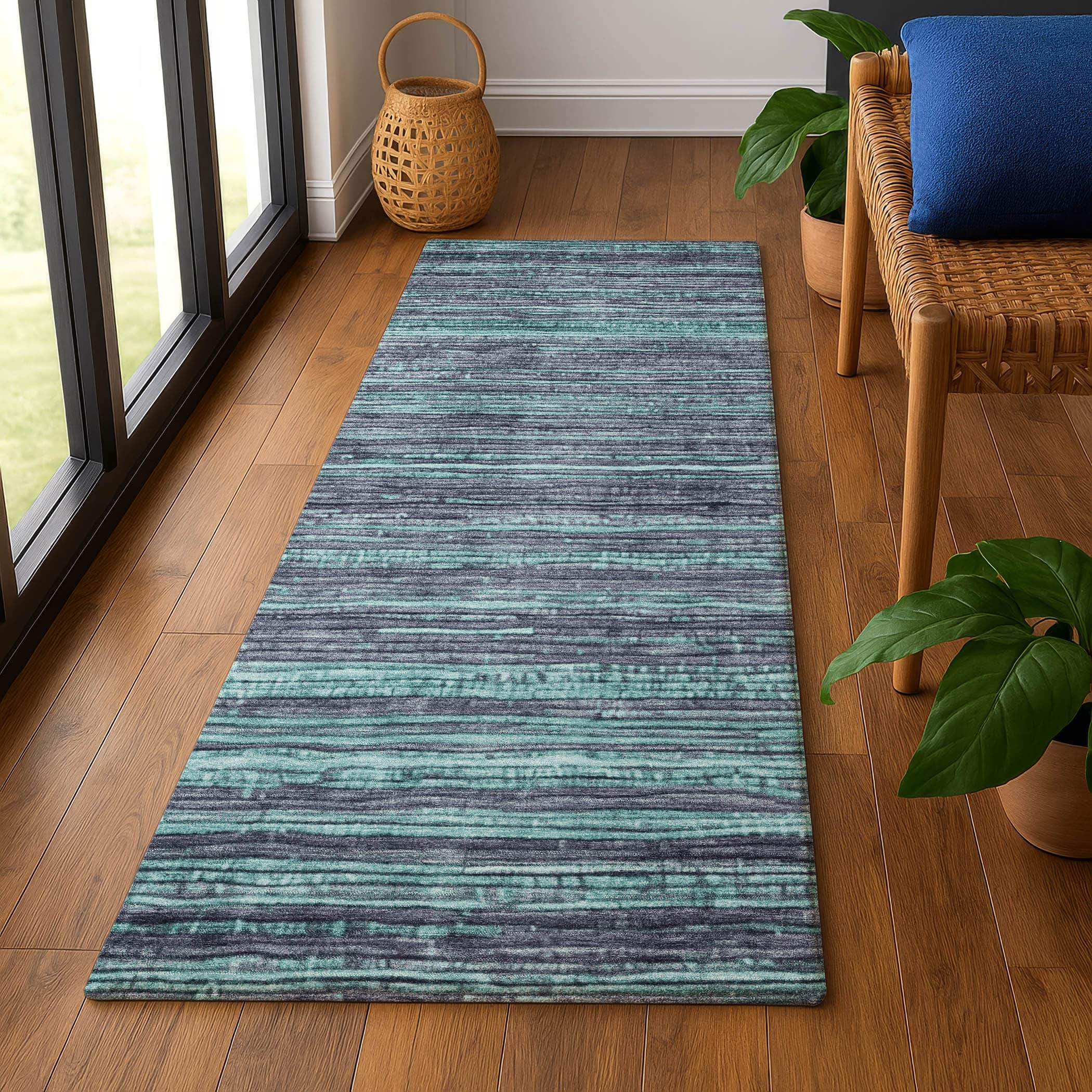 Kathmandu Machine Washable Transitional Teal Rug 2'3" x 7'6" #shape_Runner