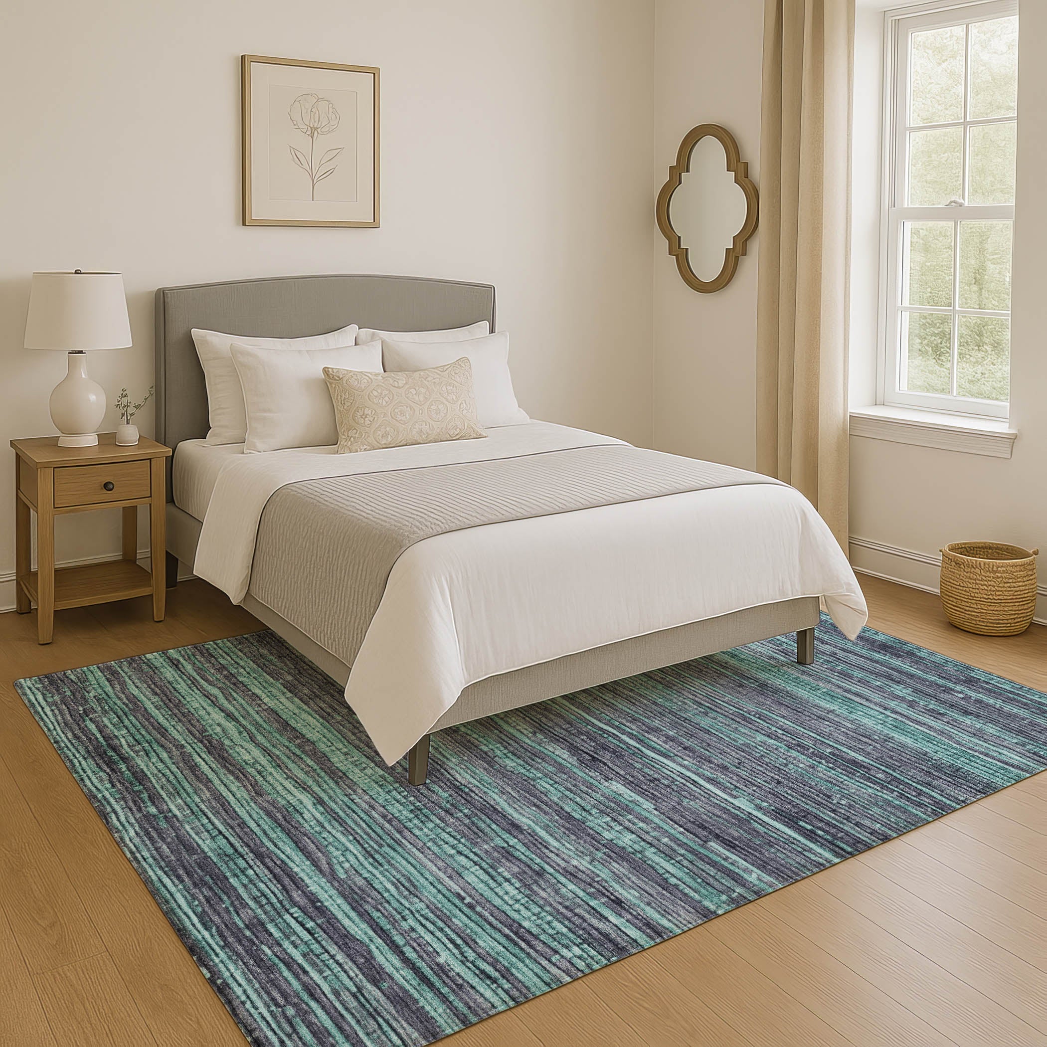 Kathmandu Machine Washable Transitional Teal Rug 2'6" x 3'10" #shape_Rectangle