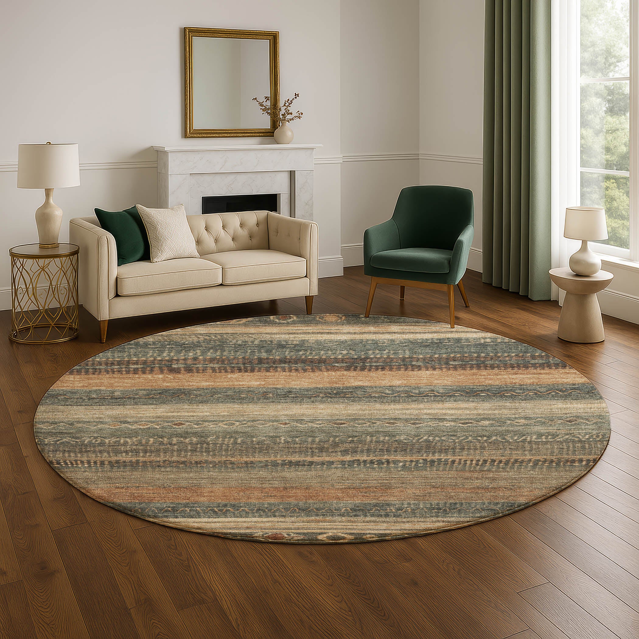 Oaxaca Machine Washable Transitional Fern Green Rug 8' x 8' #shape_Round