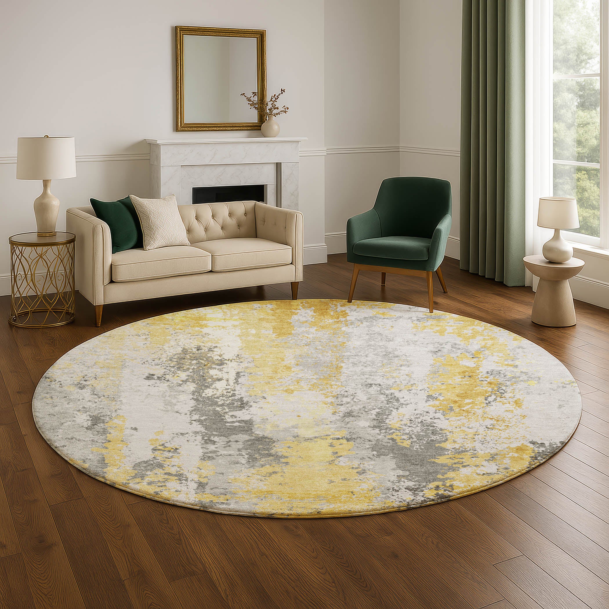 Zanzibar Machine Washable Transitional Yellow Gold Rug 8' x 8' #shape_Round
