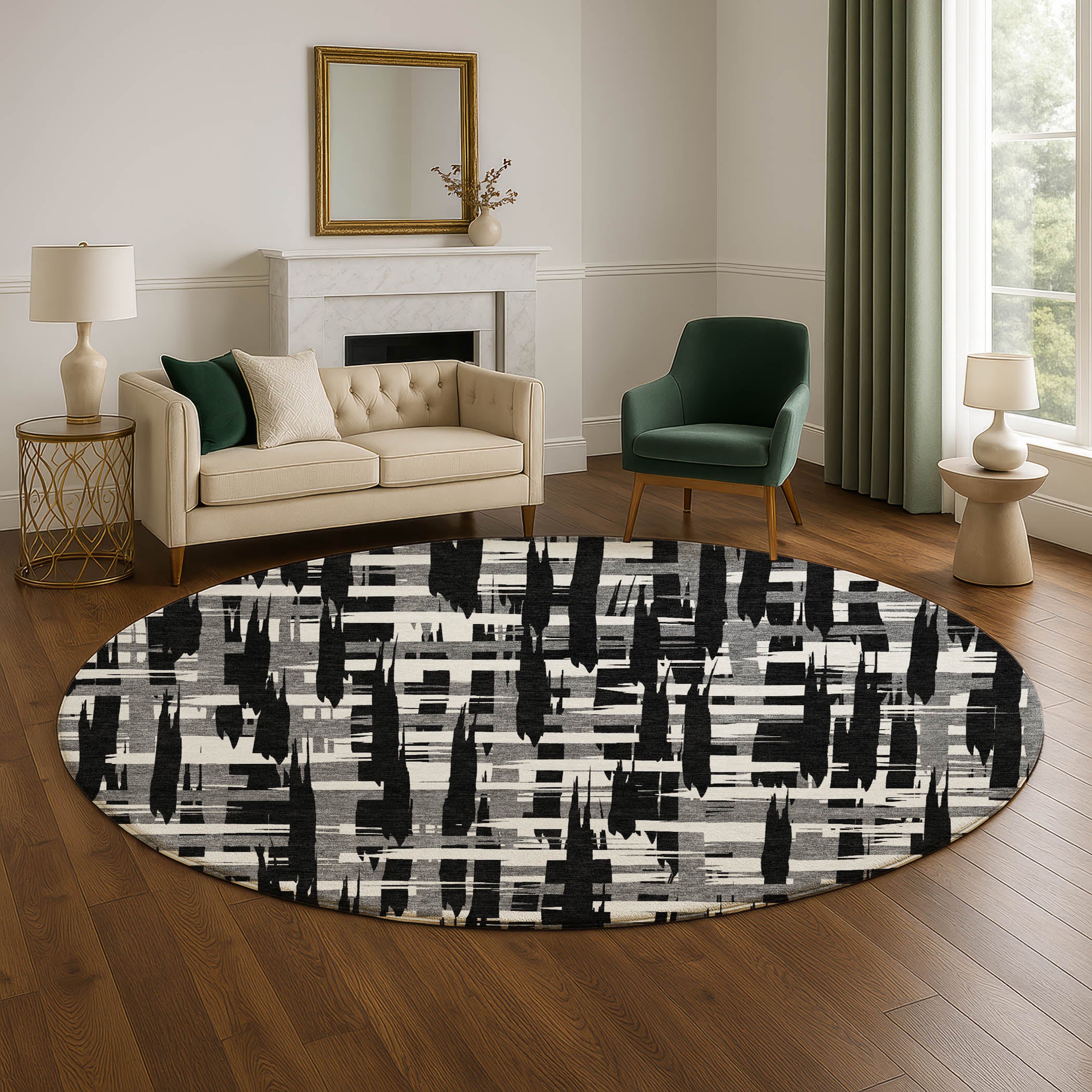 Seoul Machine Washable Transitional Black Rug 8' x 8' #shape_Round