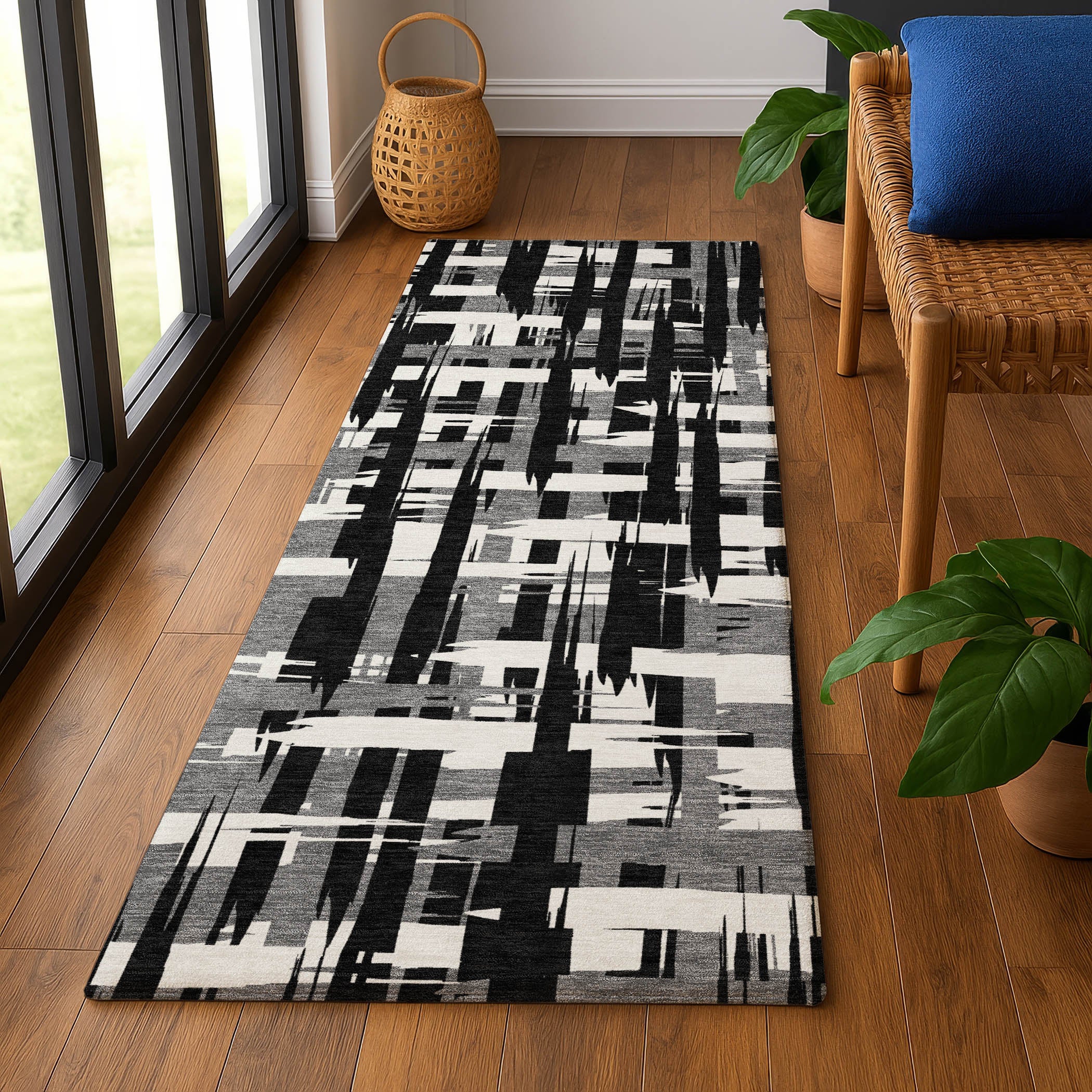 Seoul Machine Washable Transitional Black Rug 2'3" x 7'6" #shape_Runner