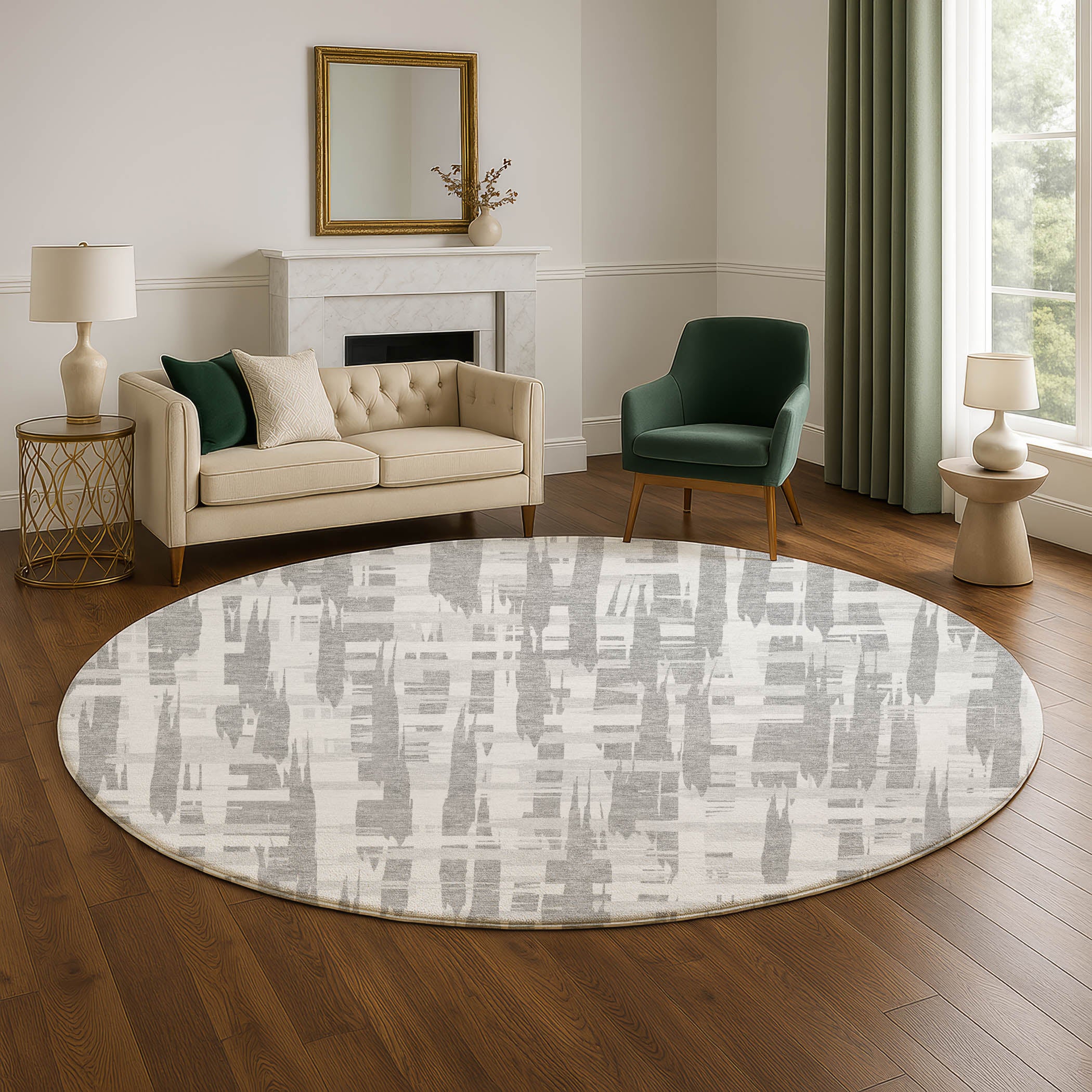 Seoul Machine Washable Transitional Gray Rug 8' x 8' #shape_Round