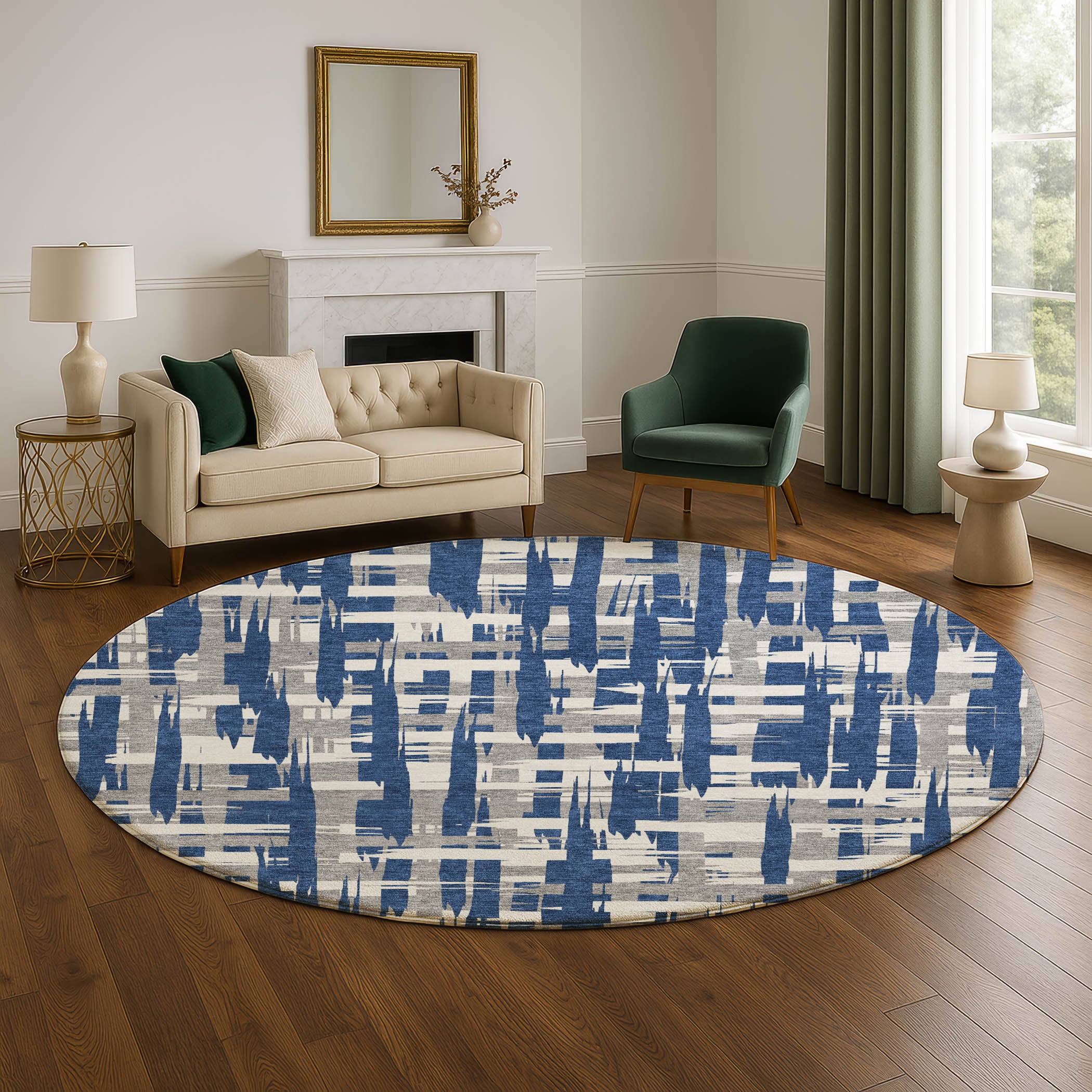 Seoul Machine Washable Transitional Navy Blue Rug 8' x 8' #shape_Round
