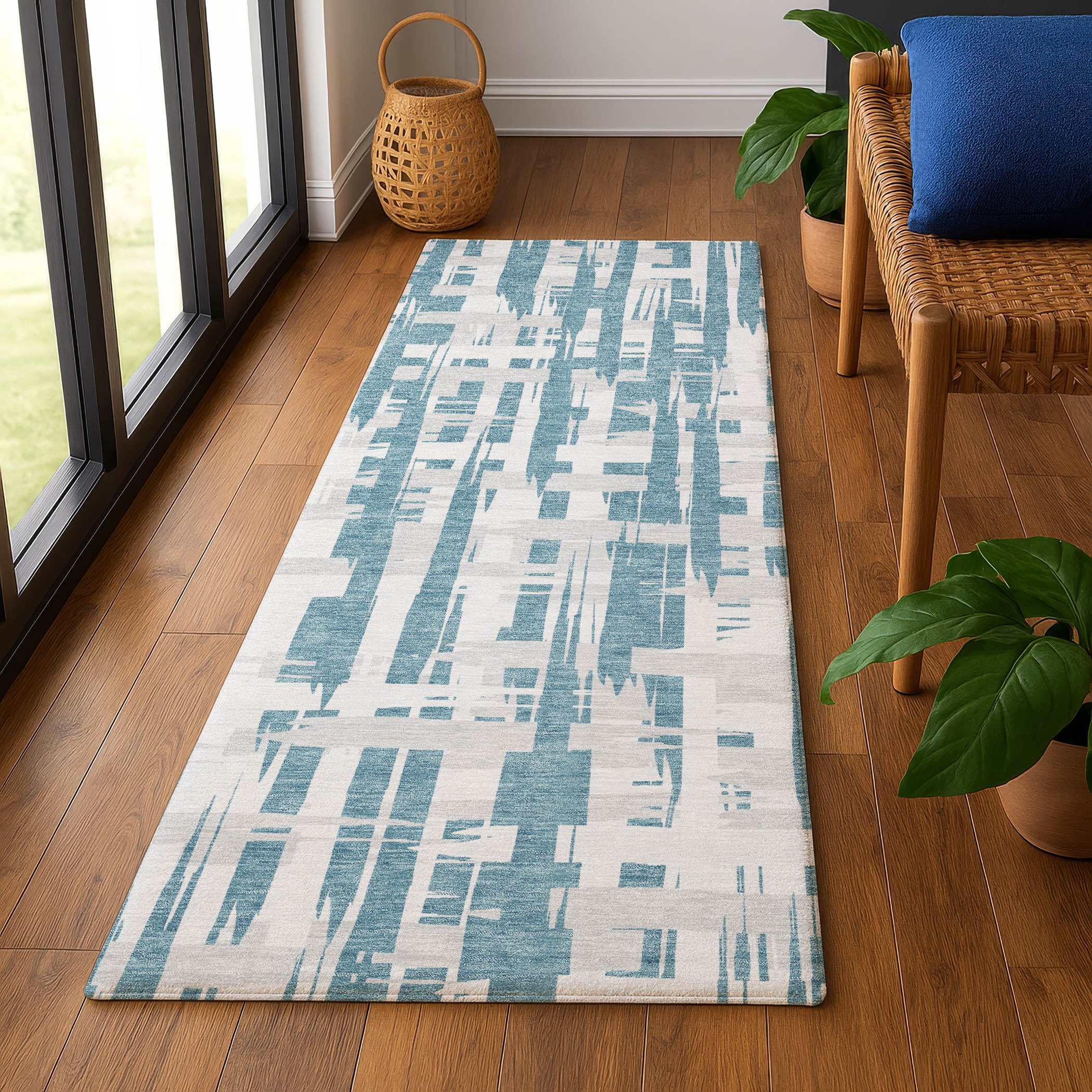 Seoul Machine Washable Transitional Teal Rug 2'3" x 7'6" #shape_Runner