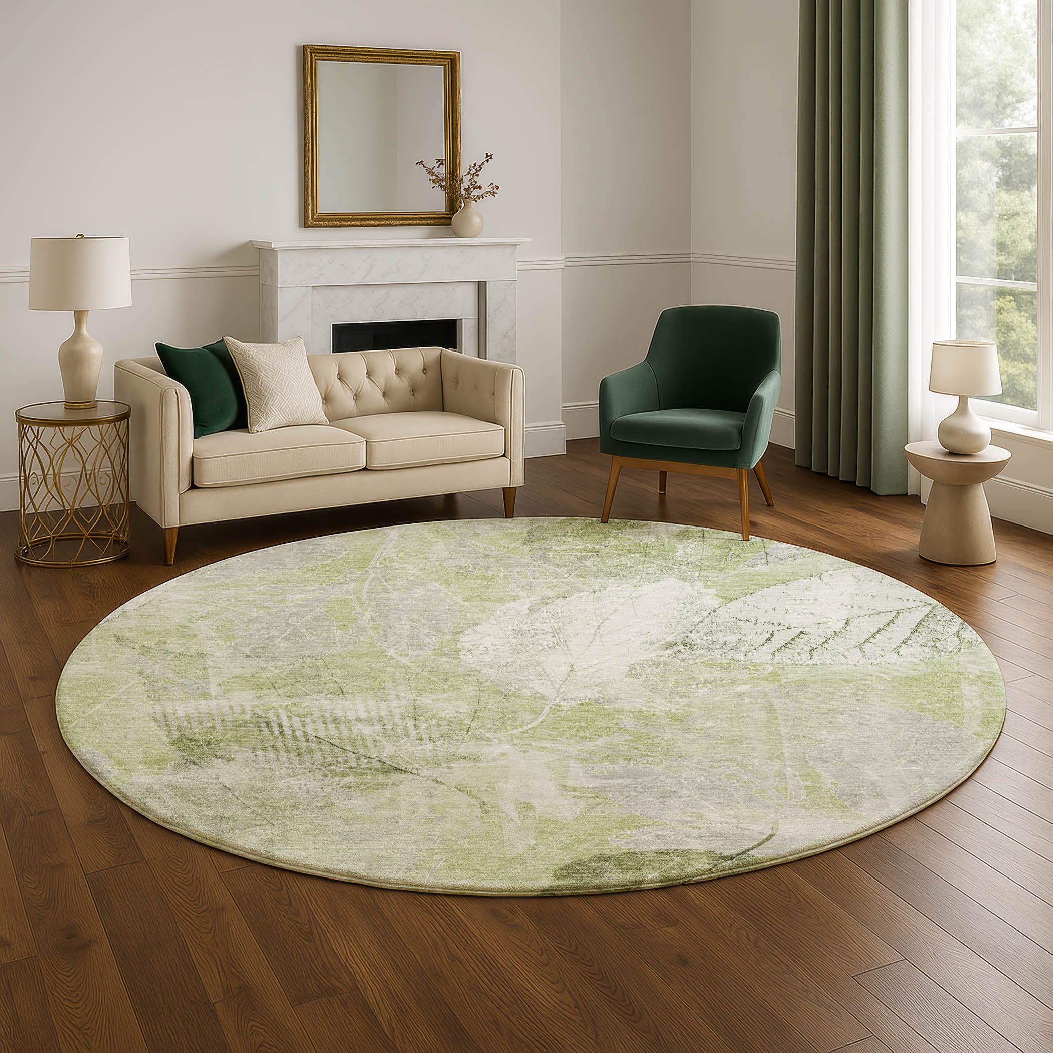 Sarajevo Machine Washable Transitional Aloe Green Rug 8' x 8' #shape_Round