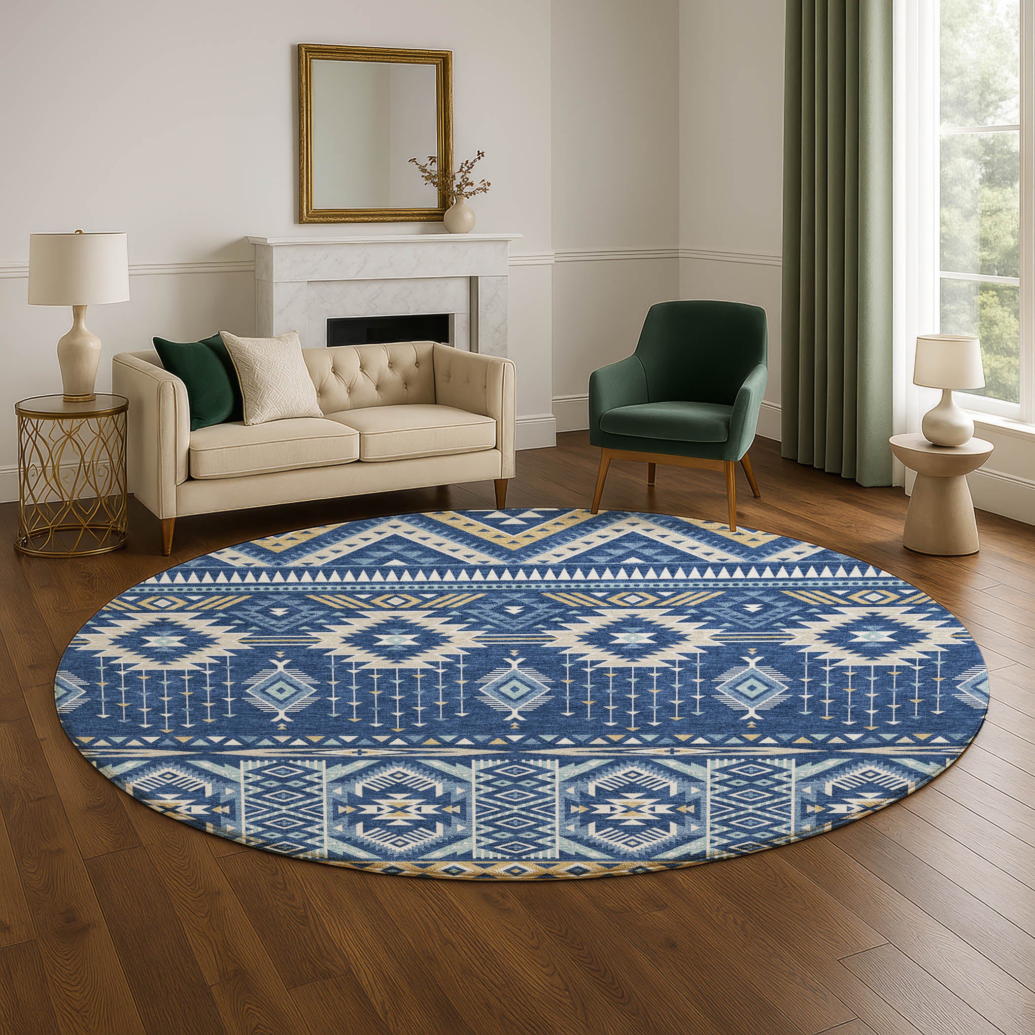 Siena Machine Washable Transitional Navy Blue Rug 8' x 8' #shape_Round
