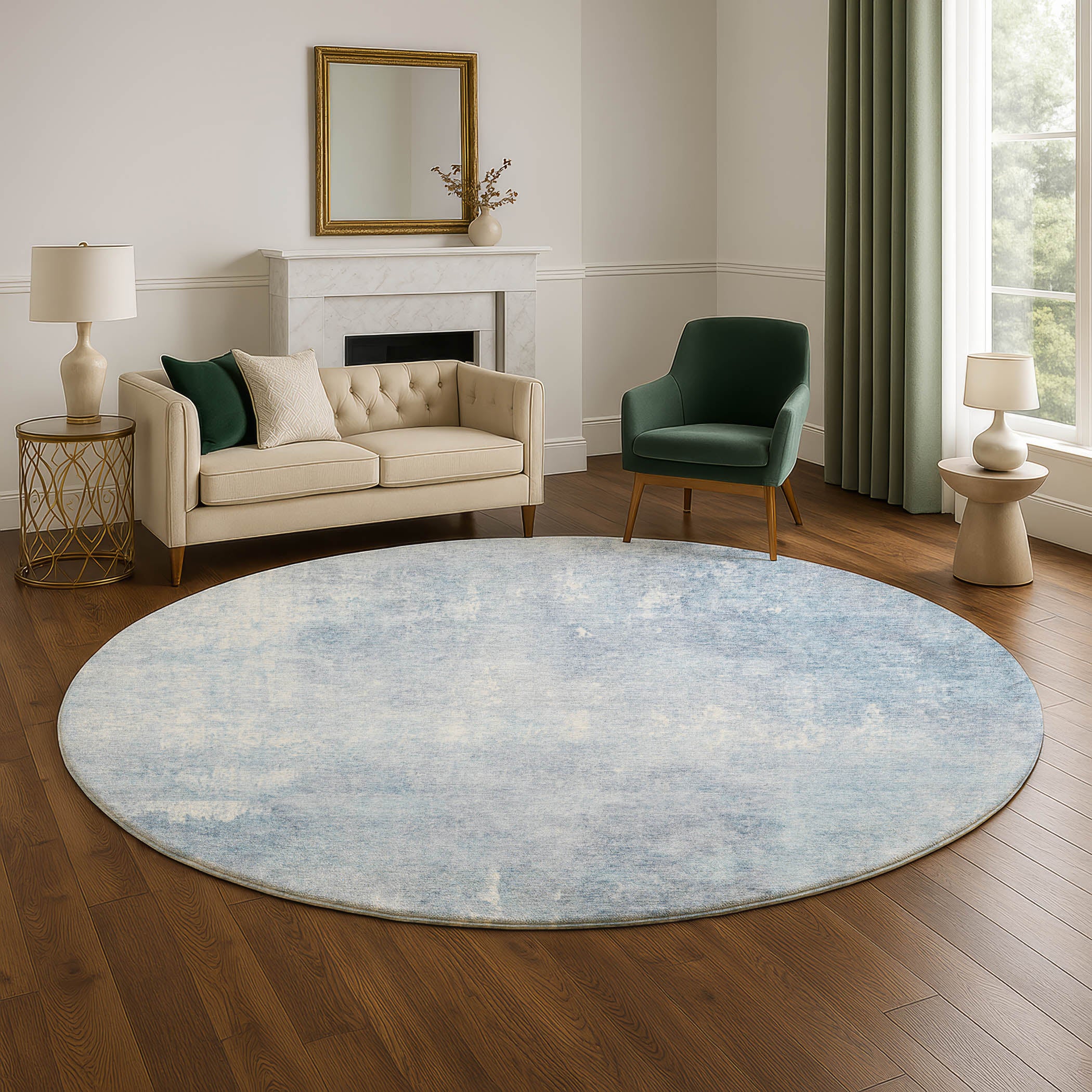 Dubrovnik Machine Washable Transitional Sky Blue Rug 8' x 8' #shape_Round