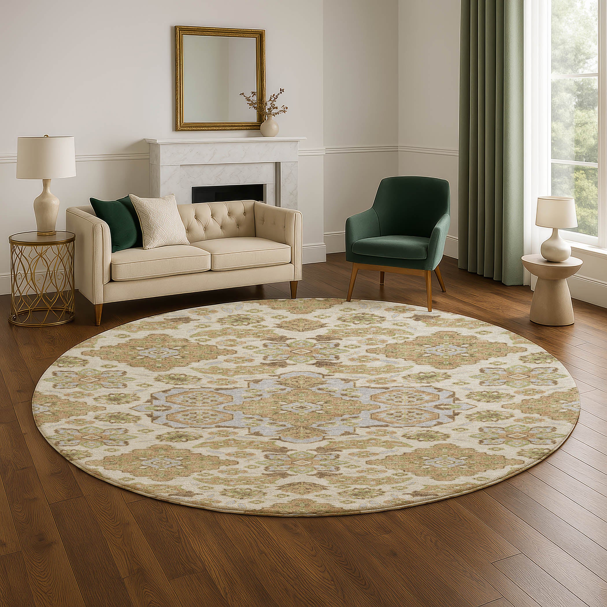 Seville Machine Washable Traditional Beige Brown Rug 8' x 8' #shape_Round