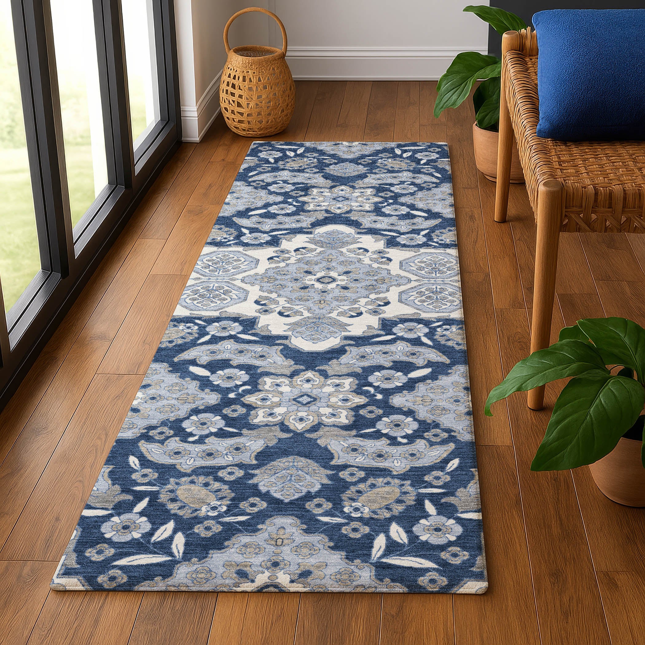 Seville Machine Washable Traditional Blue Rug 2'3" x 7'6" #shape_Runner