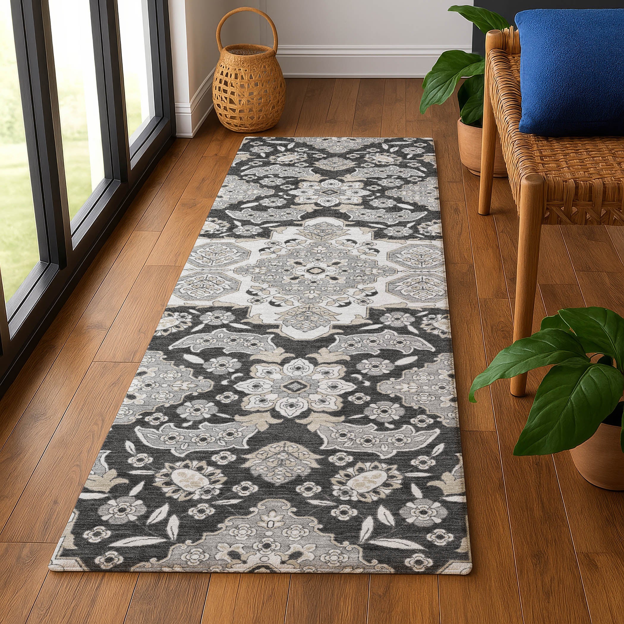 Seville Machine Washable Traditional Charcoal Gray Rug 2'3" x 7'6" #shape_Runner