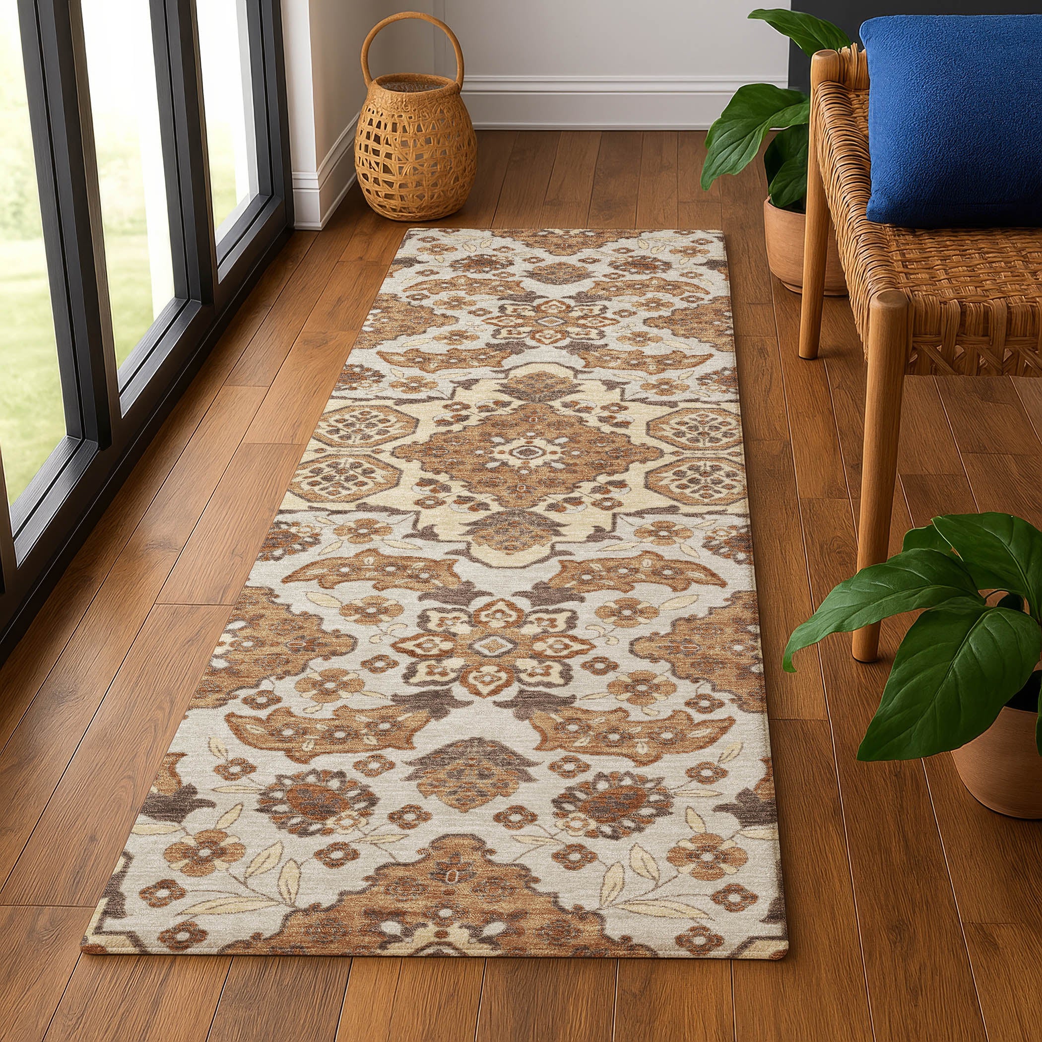 Seville Machine Washable Traditional Copper Orange Rug 2'3" x 7'6" #shape_Runner