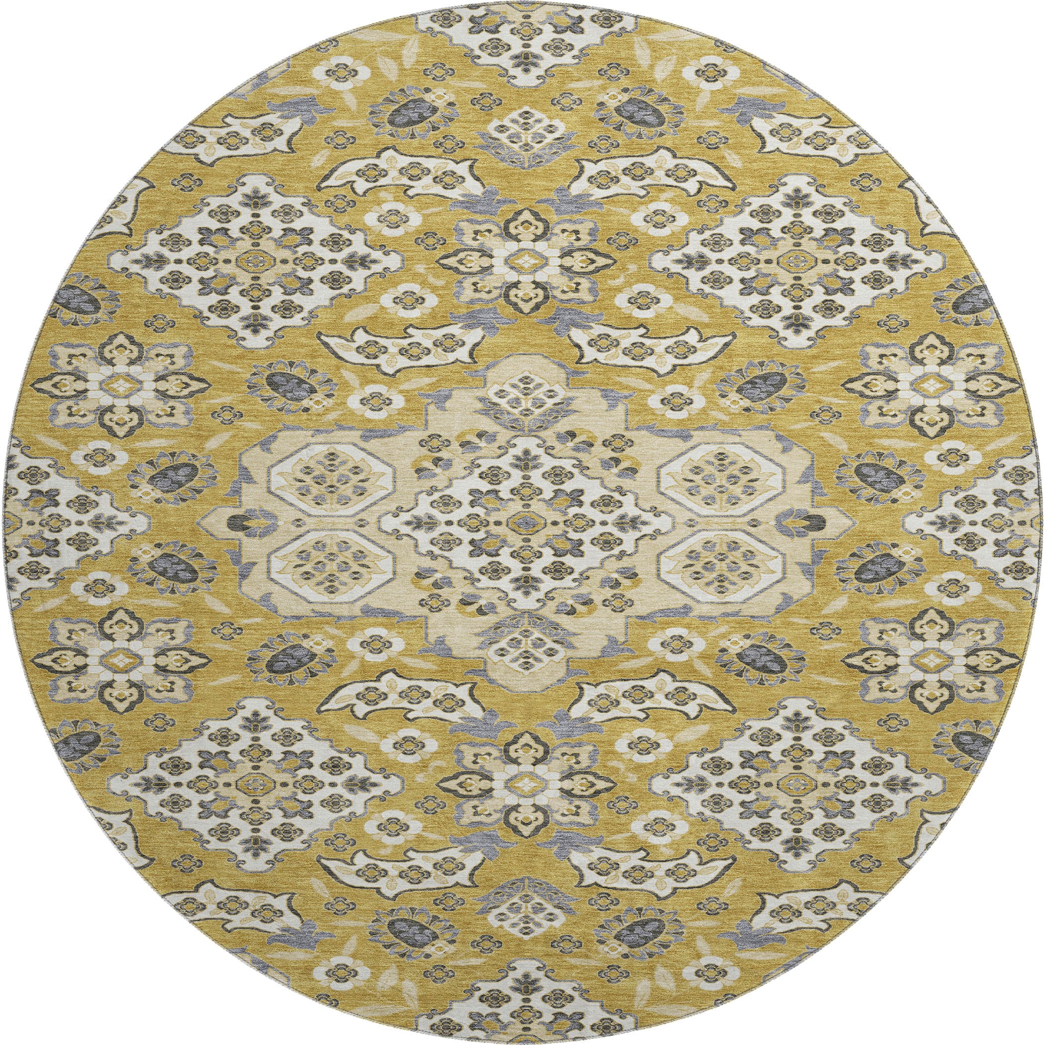 Seville Machine Washable Traditional Gold Rug 8' x 8' #shape_Round