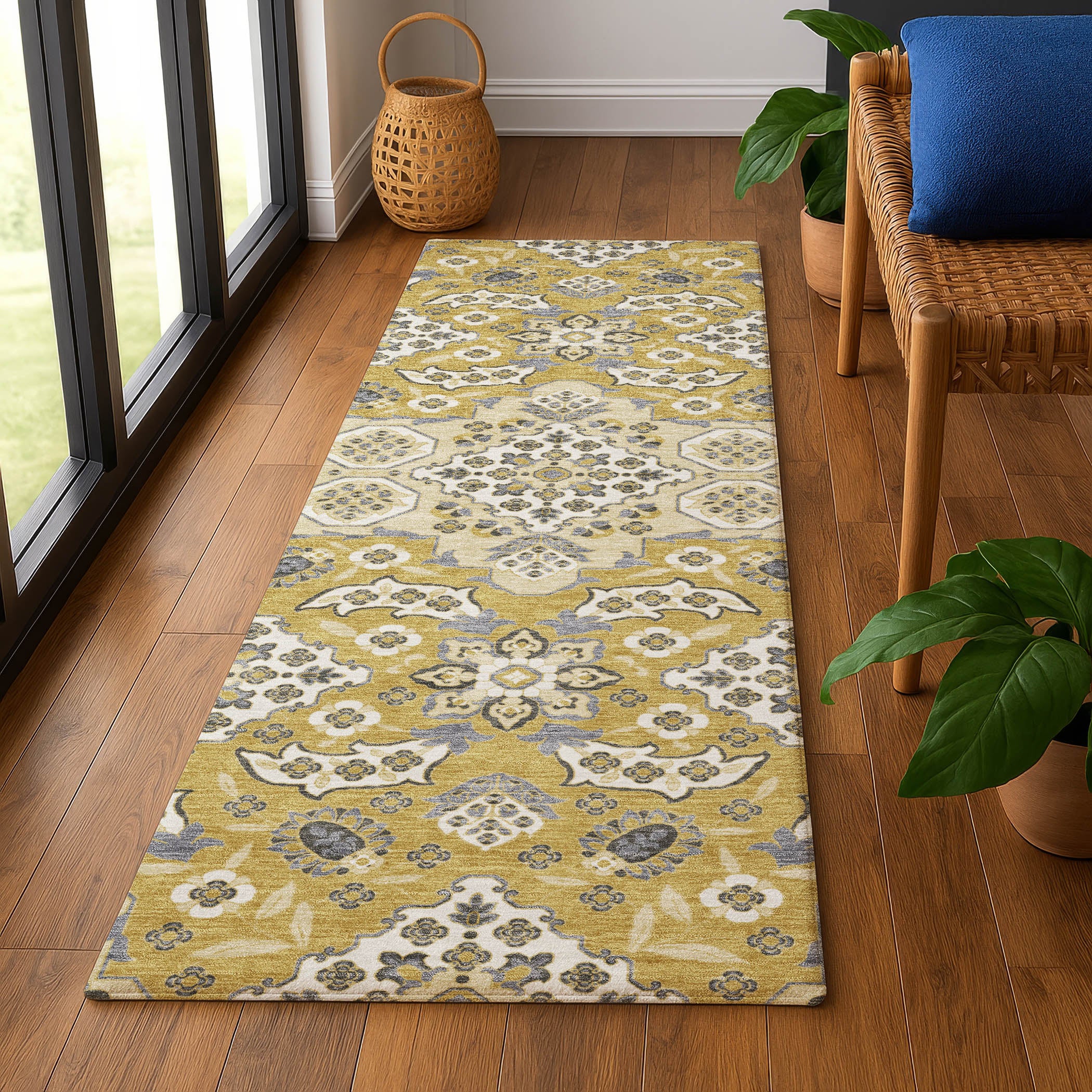 Seville Machine Washable Traditional Gold Rug 2'3" x 7'6" #shape_Runner