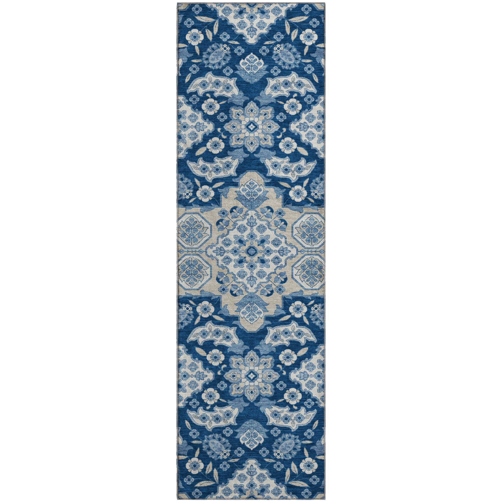 Seville Machine Washable Traditional Navy Blue Rug 2'3" x 7'6" #shape_Runner