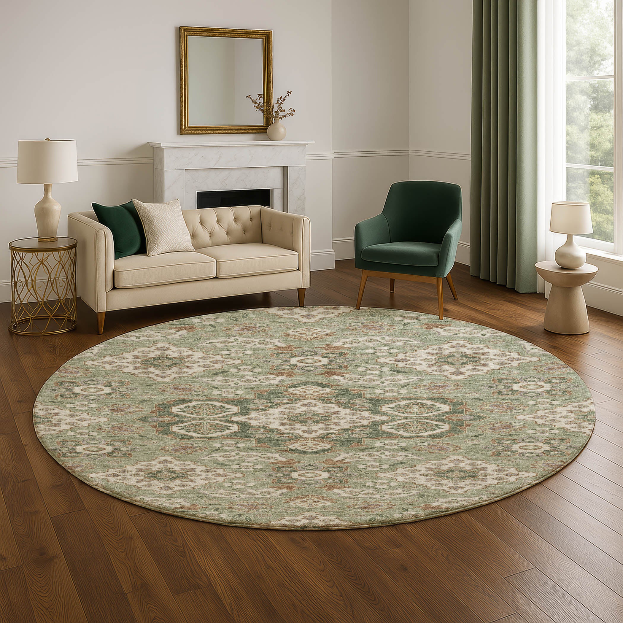 Seville Machine Washable Traditional Sage Green Rug 8' x 8' #shape_Round