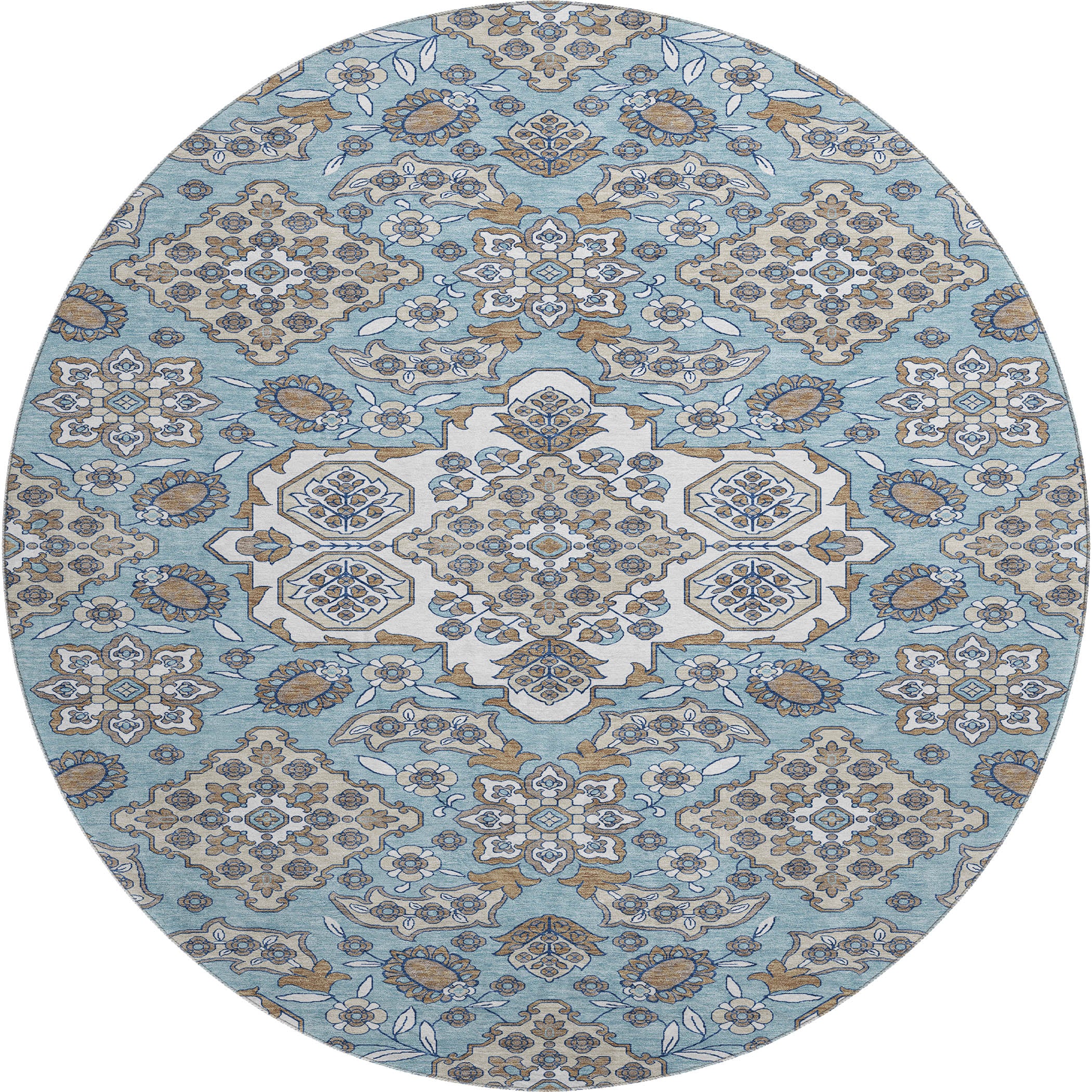 Seville Machine Washable Traditional Sky Blue Rug 8' x 8' #shape_Round