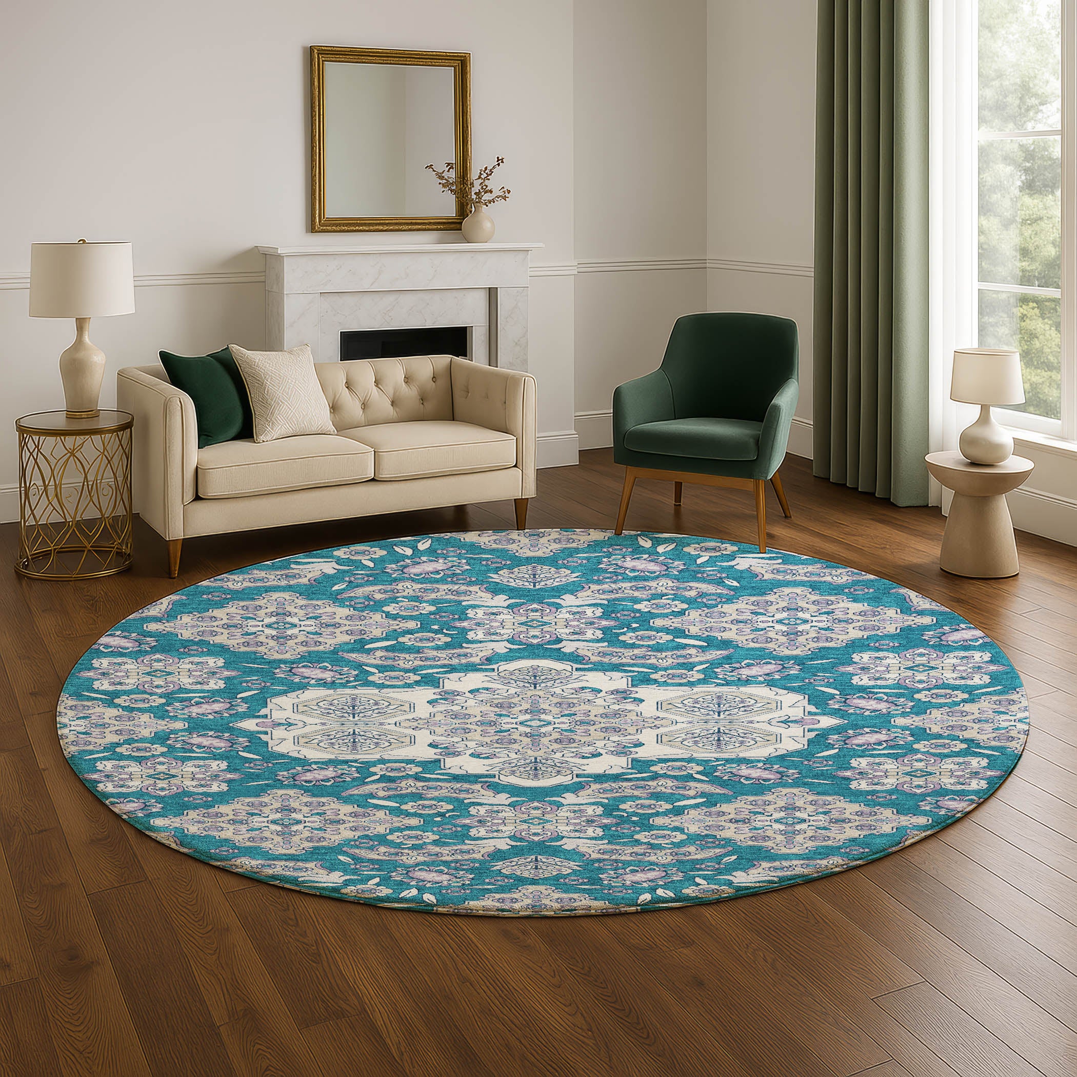 Seville Machine Washable Traditional Teal Rug 8' x 8' #shape_Round