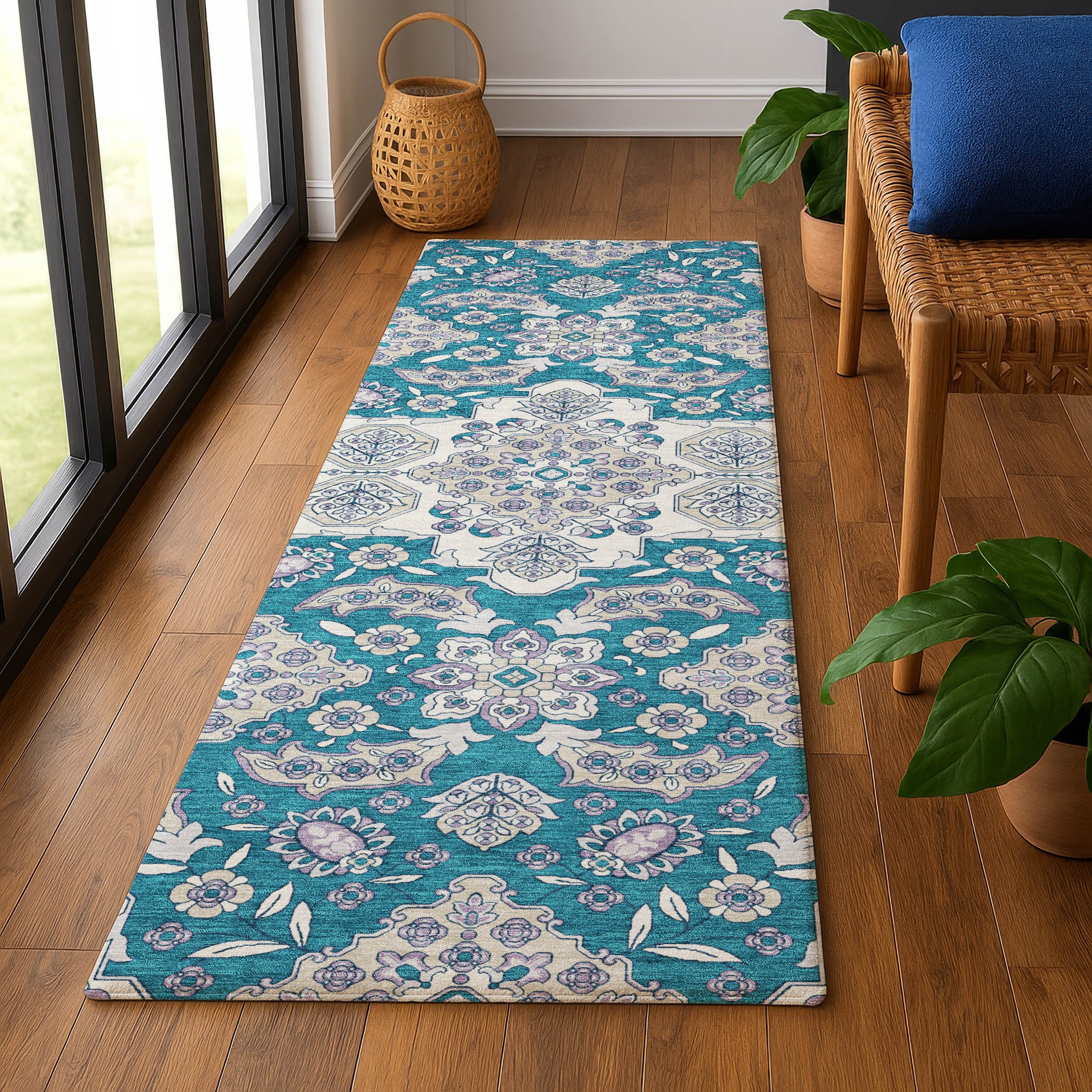 Seville Machine Washable Traditional Teal Rug 2'3" x 7'6" #shape_Runner