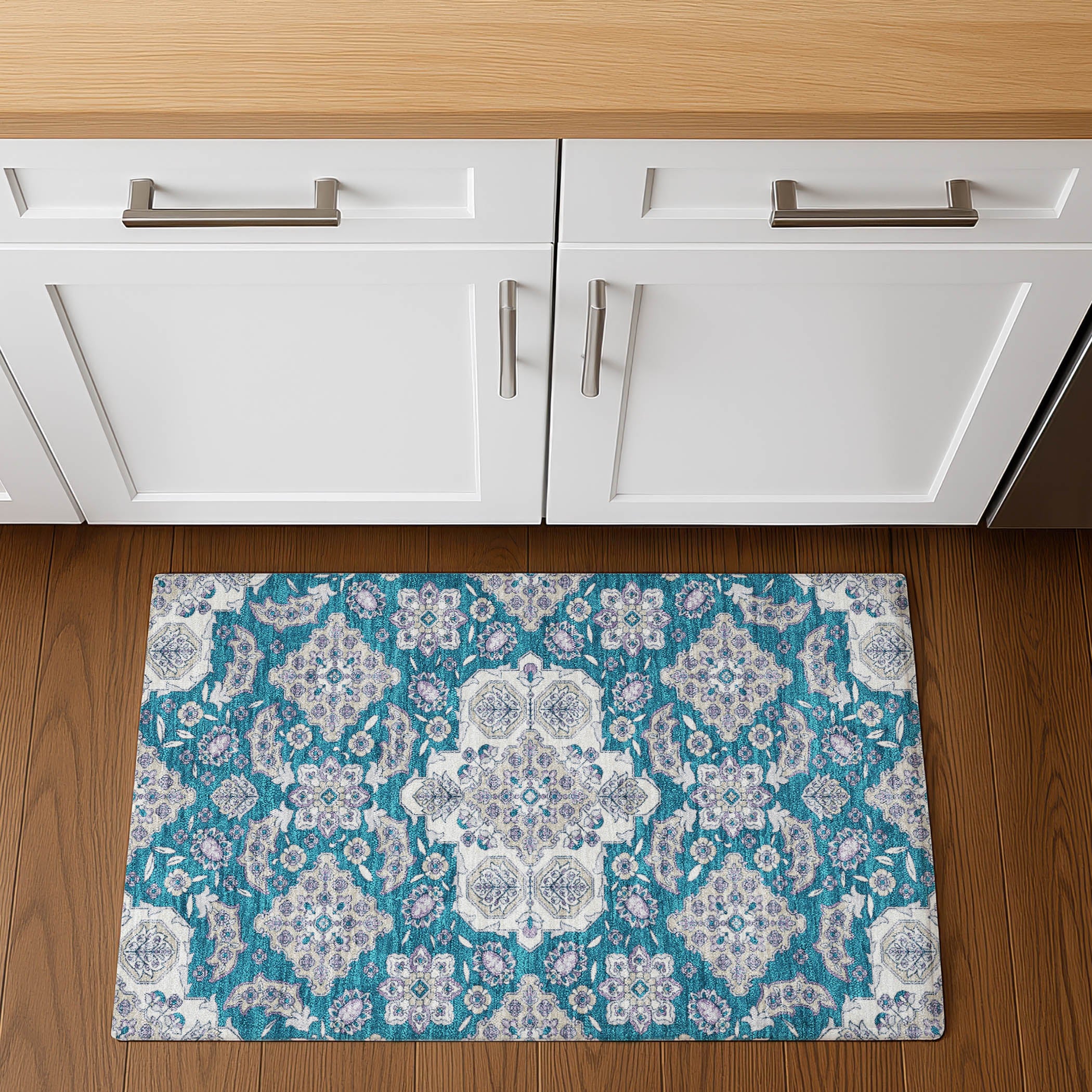 Seville Machine Washable Traditional Teal Rug 1'8" x 2'6" #shape_Rectangle