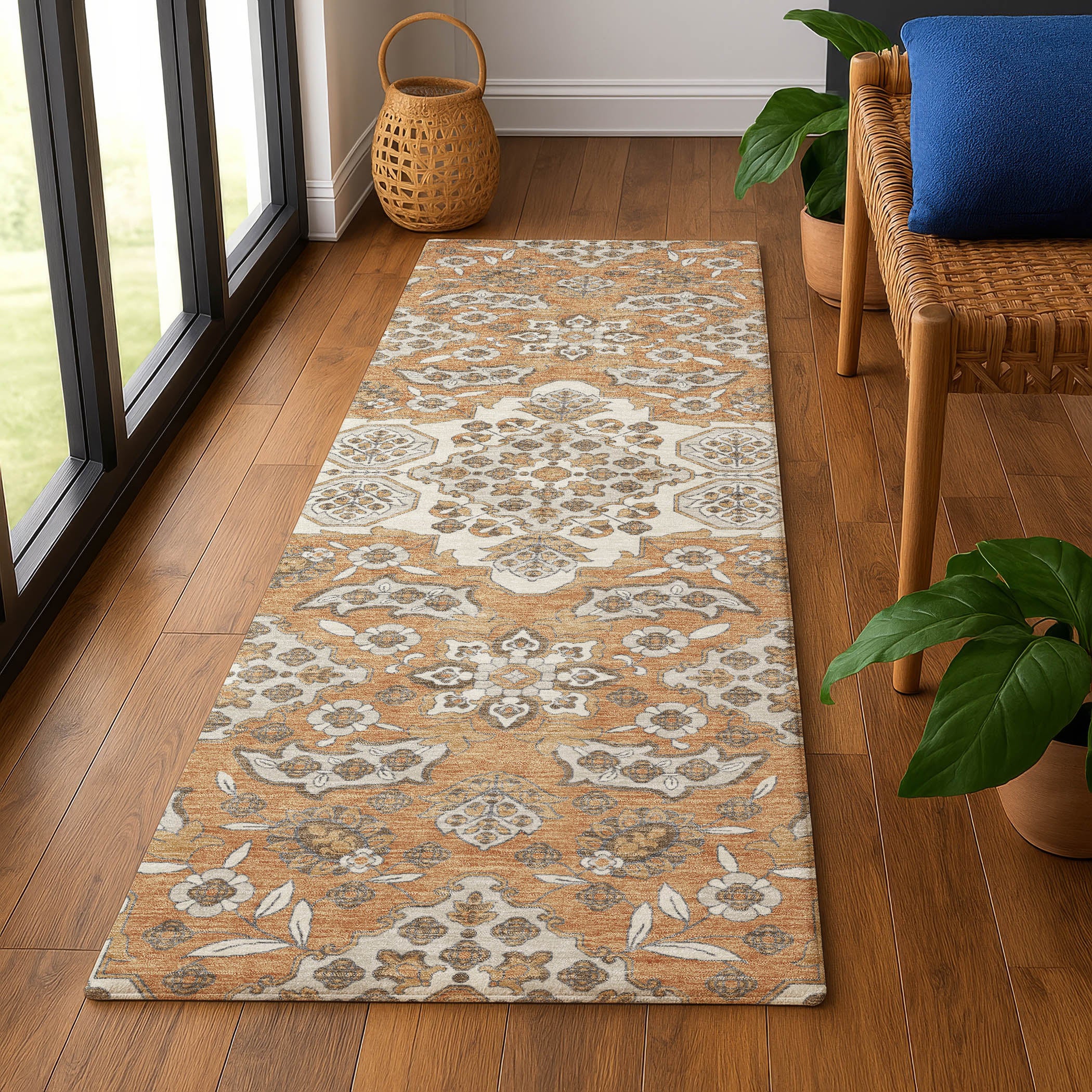 Seville Machine Washable Traditional Terracotta Orange Rug 2'3" x 7'6" #shape_Runner