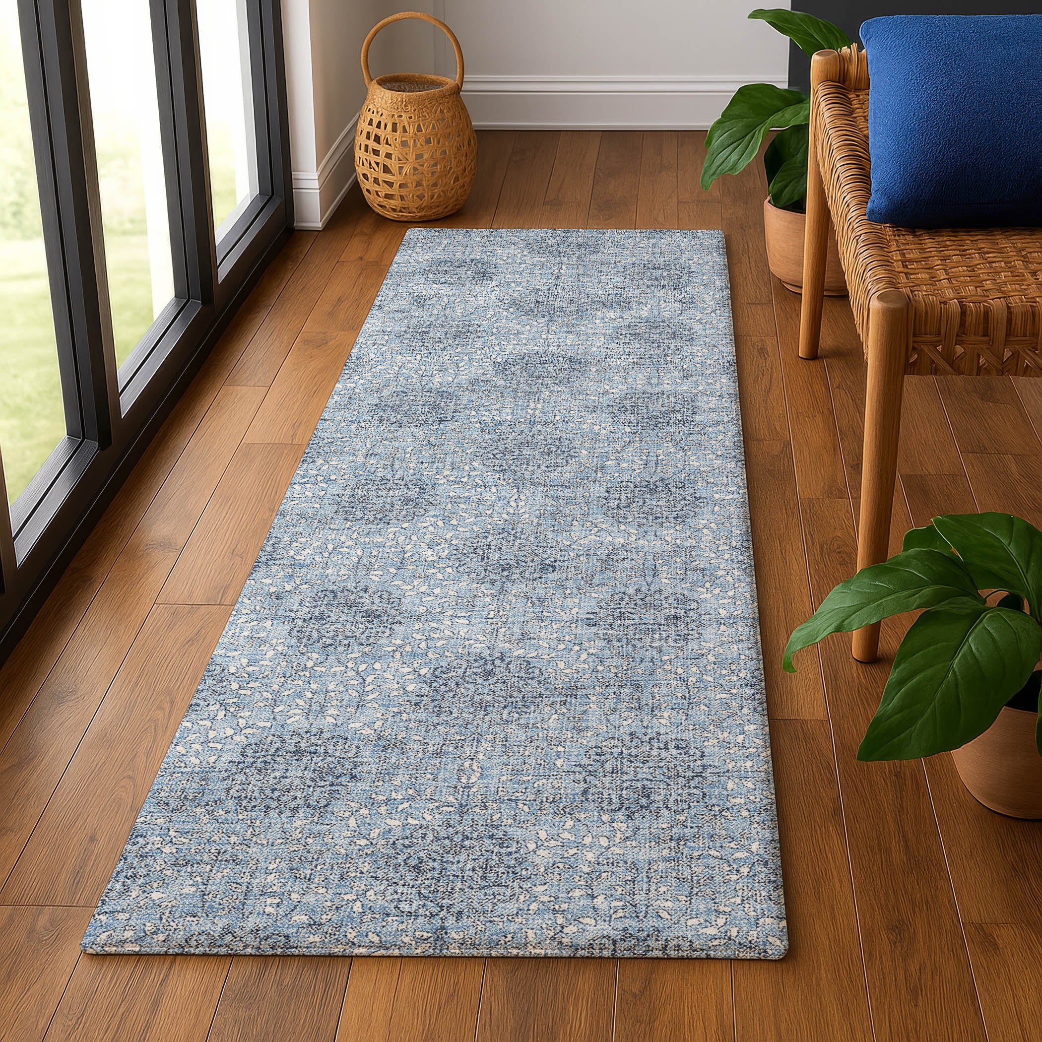 Lucerne Machine Washable Transitional Blue Rug 2'3" x 7'6" #shape_Runner