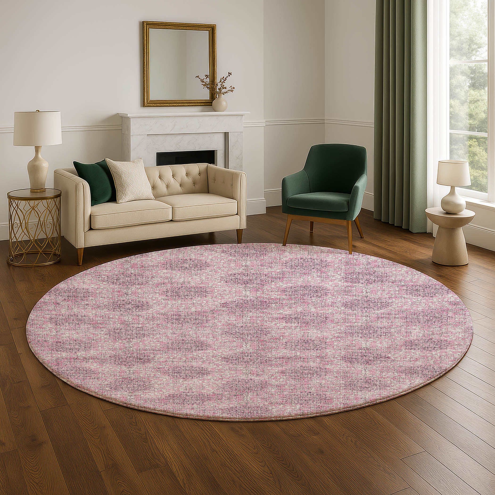 Lucerne Machine Washable Transitional Pink Rug 8' x 8' #shape_Round