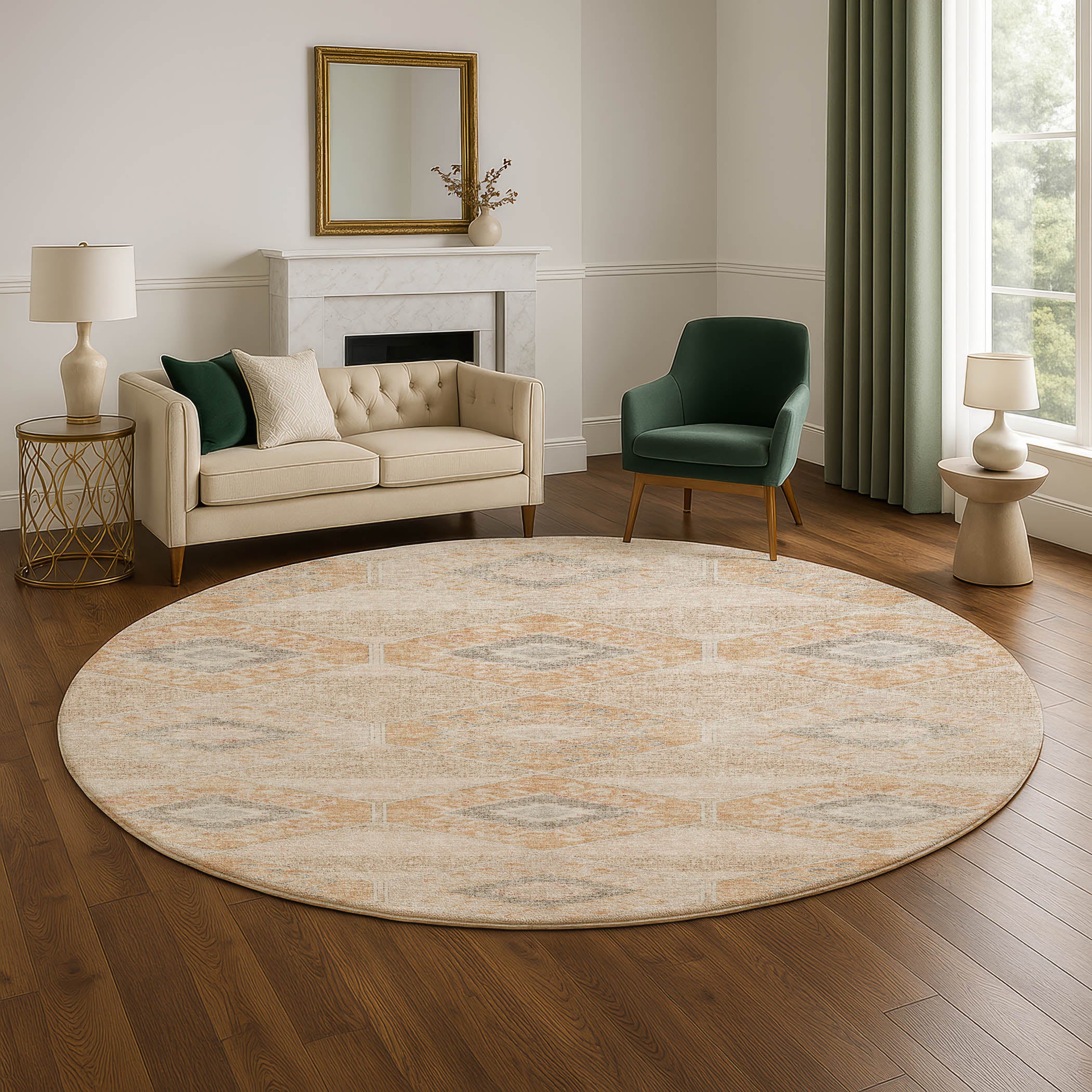 Florence Machine Washable Transitional Copper Orange Rug 8' x 8' #shape_Round