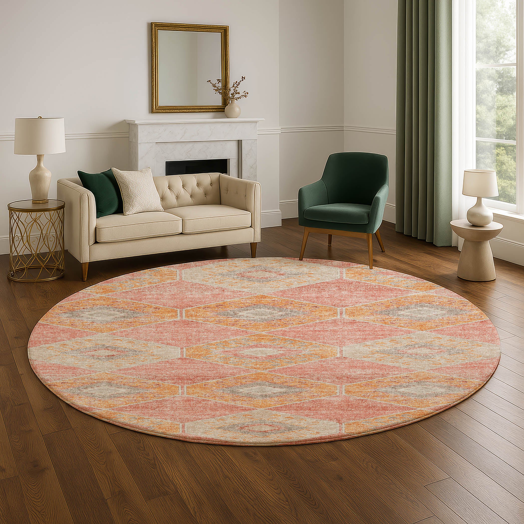 Florence Machine Washable Transitional Coral Orange Rug 8' x 8' #shape_Round