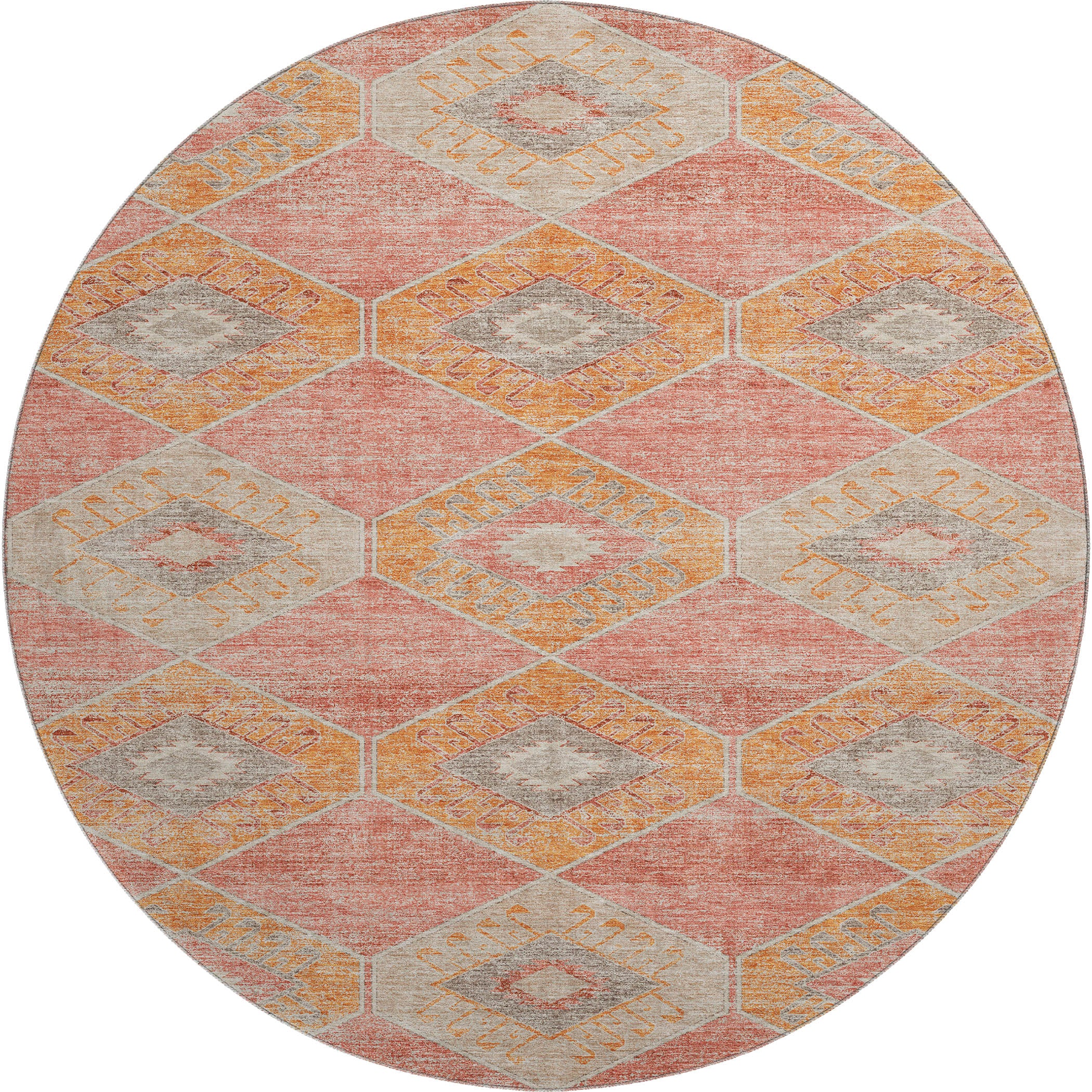 Florence Machine Washable Transitional Coral Orange Rug 8' x 8' #shape_Round