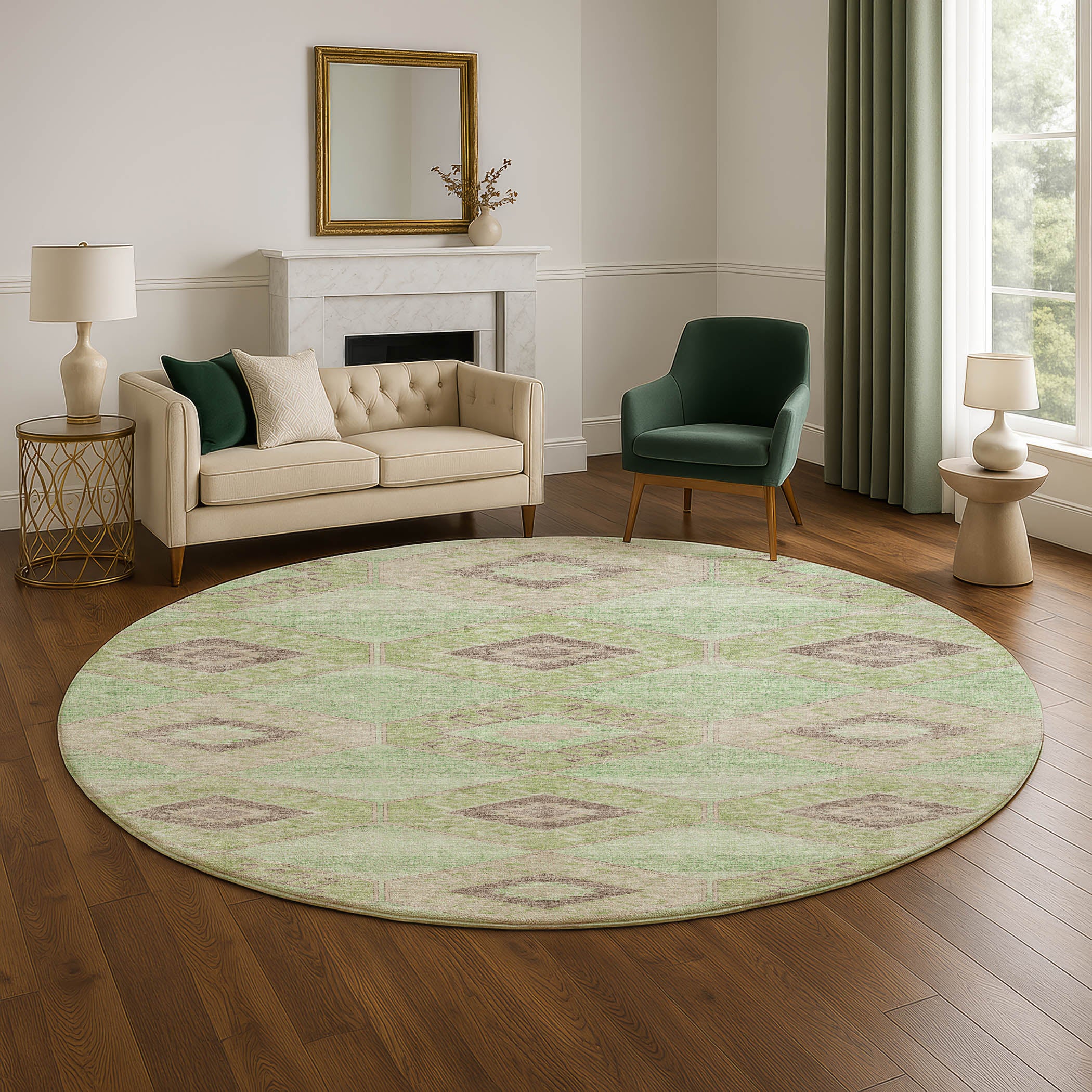Florence Machine Washable Transitional Green Rug 8' x 8' #shape_Round
