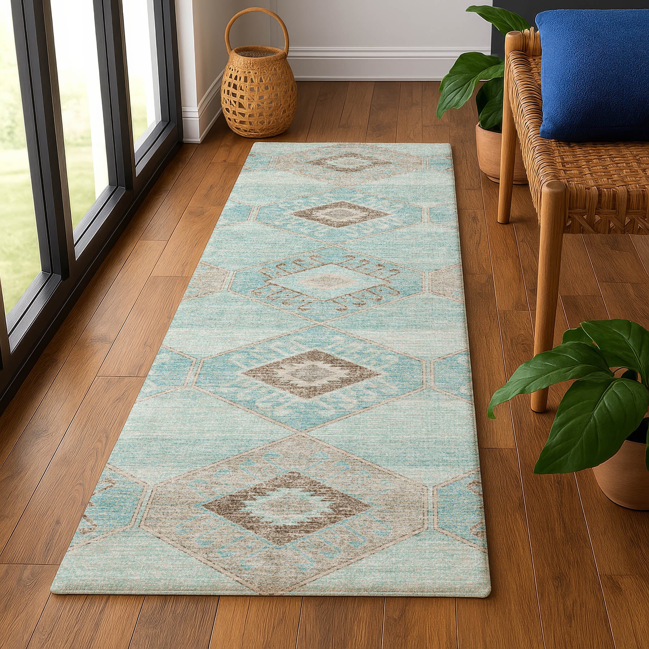Florence Machine Washable Transitional Teal Rug 2'3" x 7'6" #shape_Runner