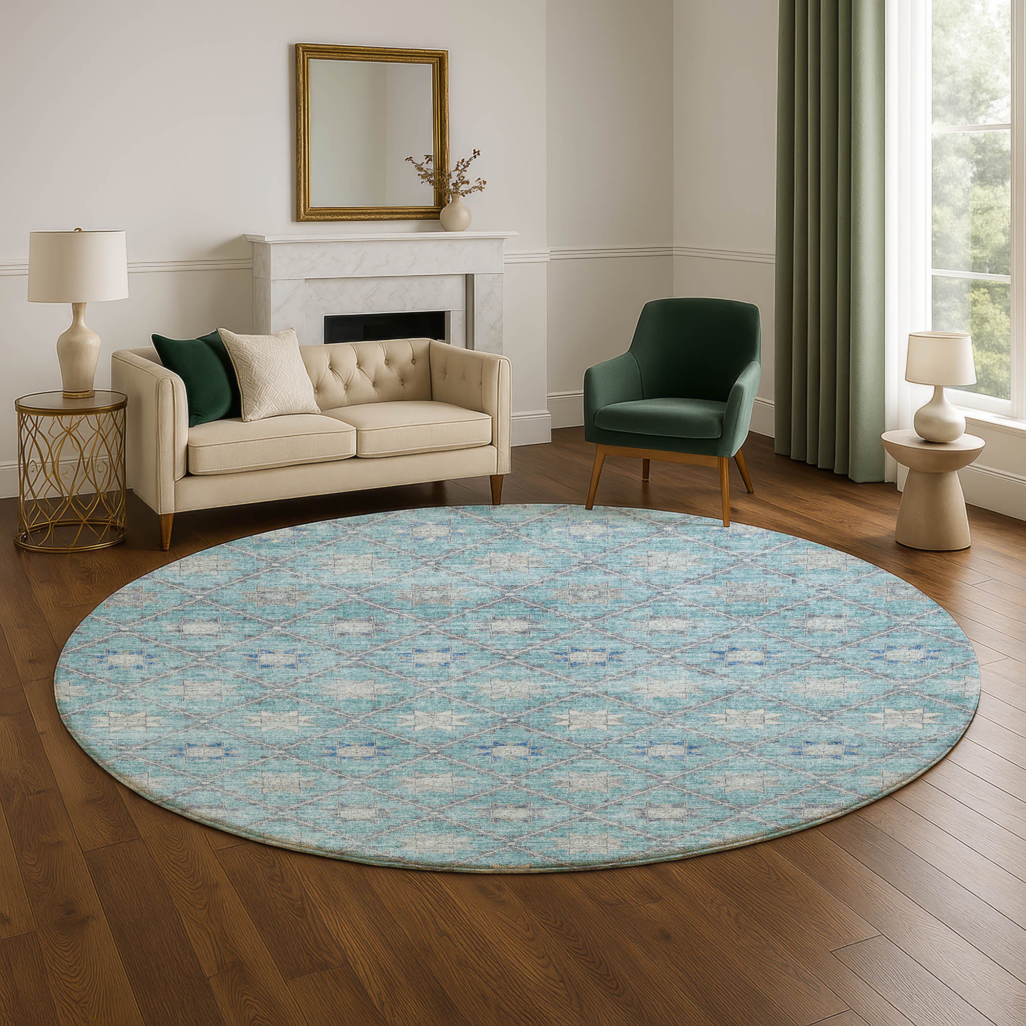 Siena Machine Washable Transitional Teal Rug 8' x 8' #shape_Round